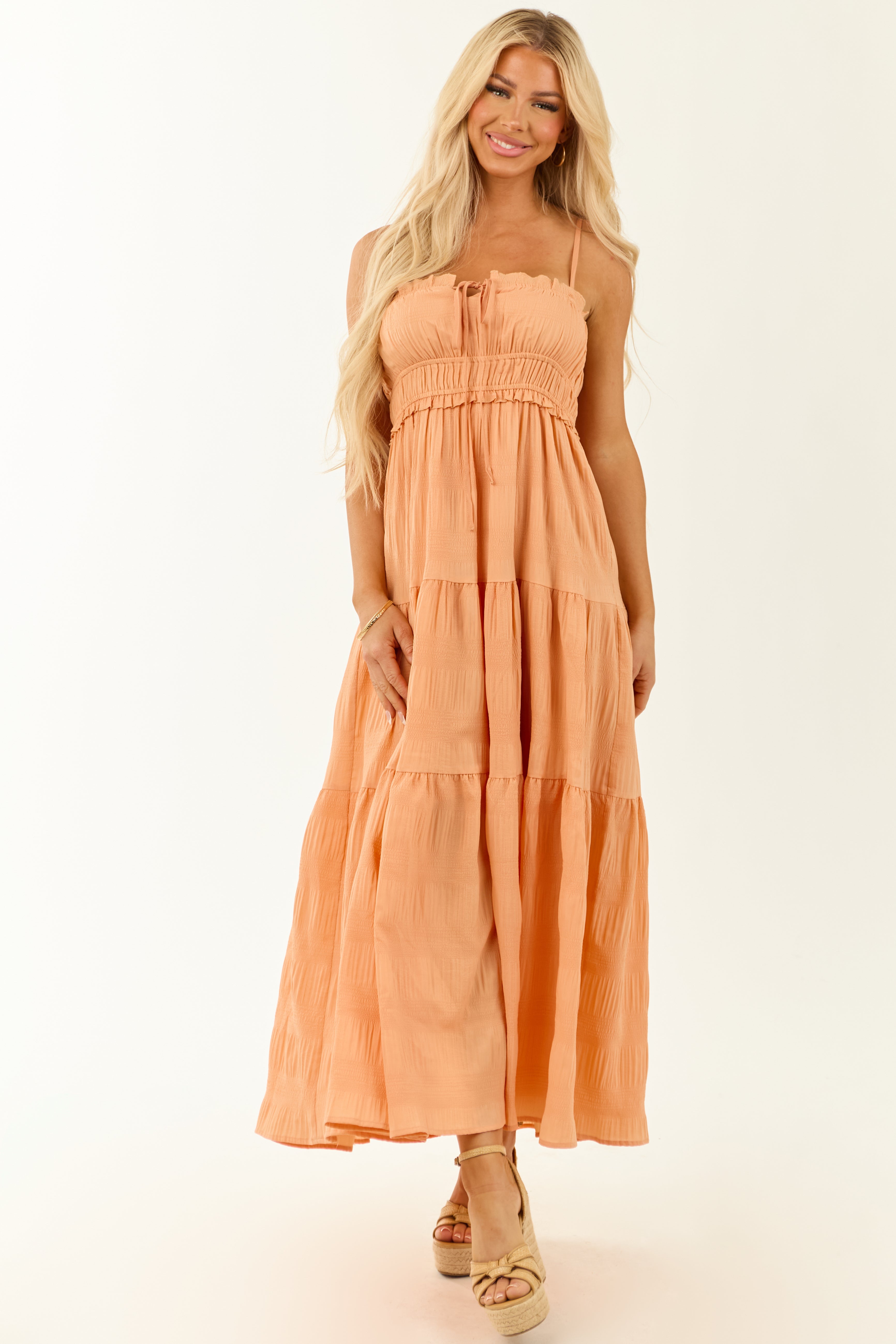 Melon Sleeveless Tiered Textured Maxi Dress