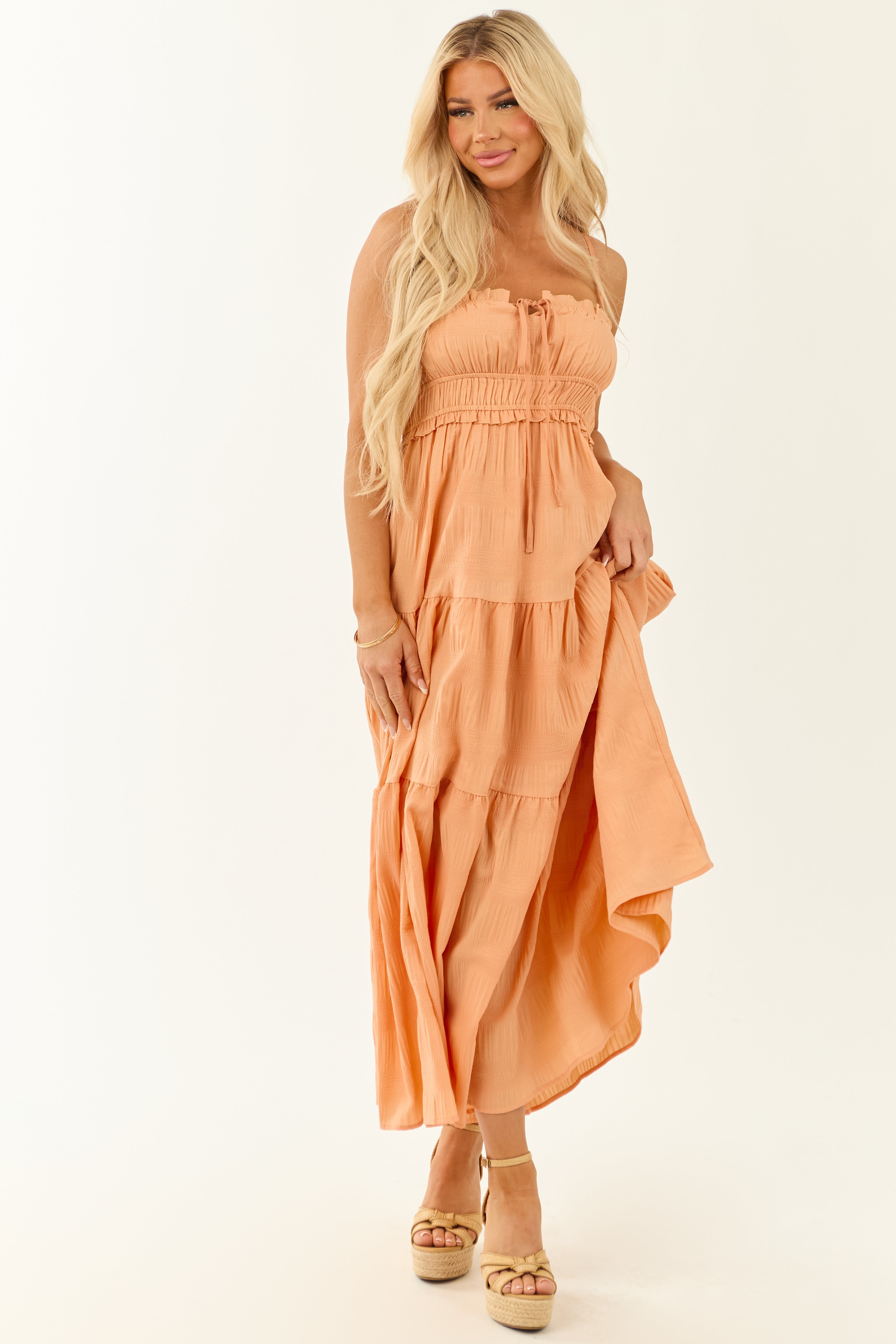 Melon Sleeveless Tiered Textured Maxi Dress