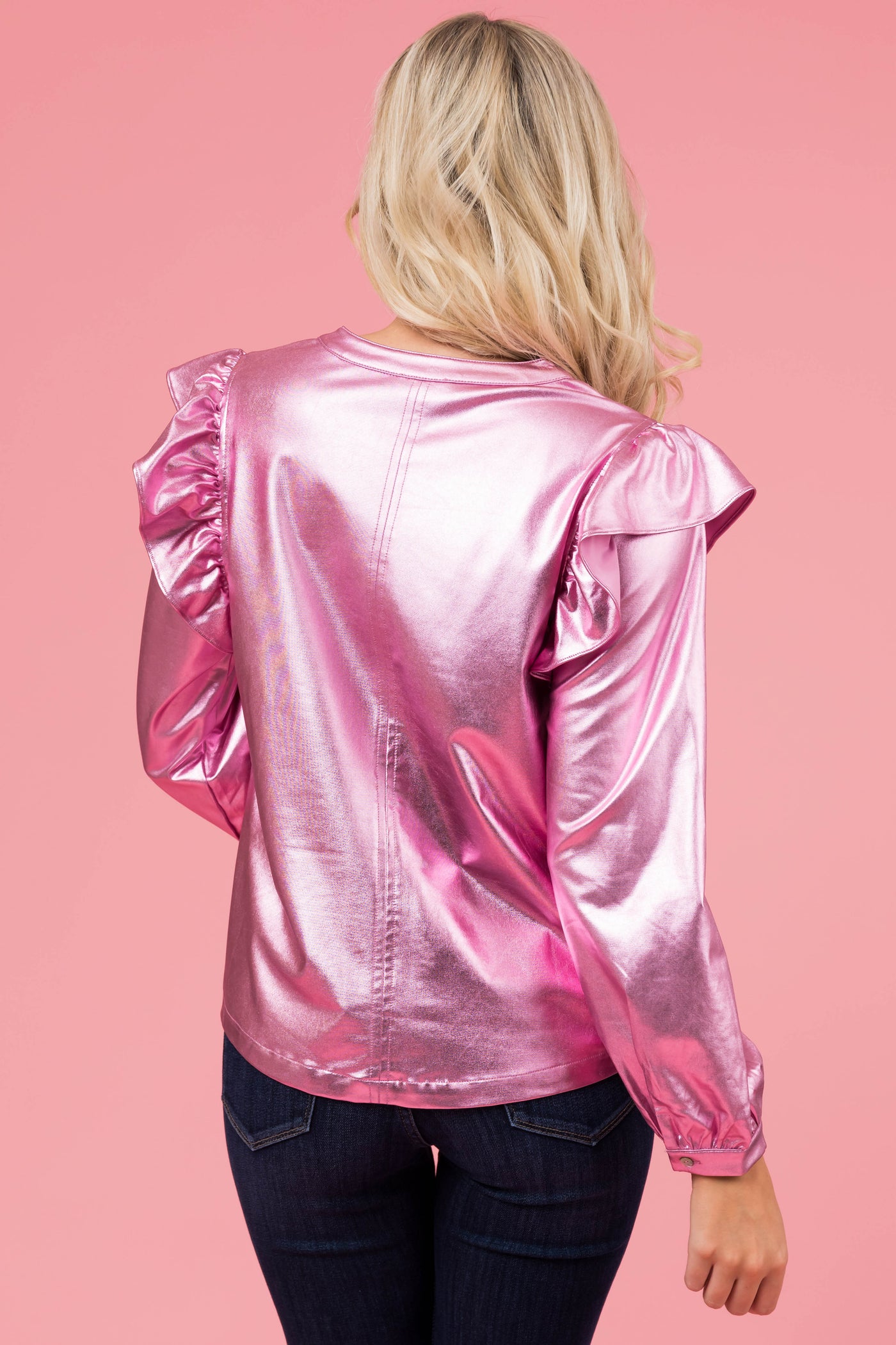Metallic Pink Faux Leather Ruffle Shoulder Top