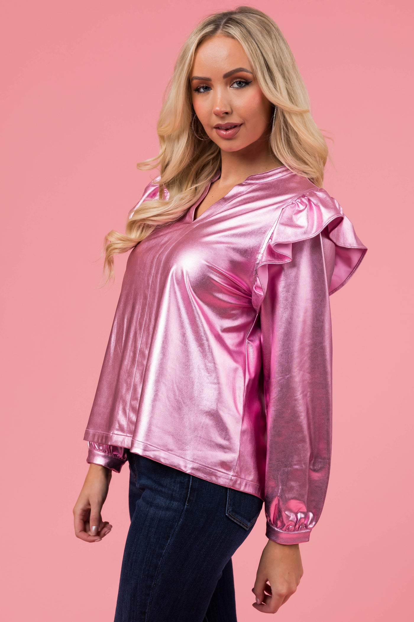 Metallic Pink Faux Leather Ruffle Shoulder Top