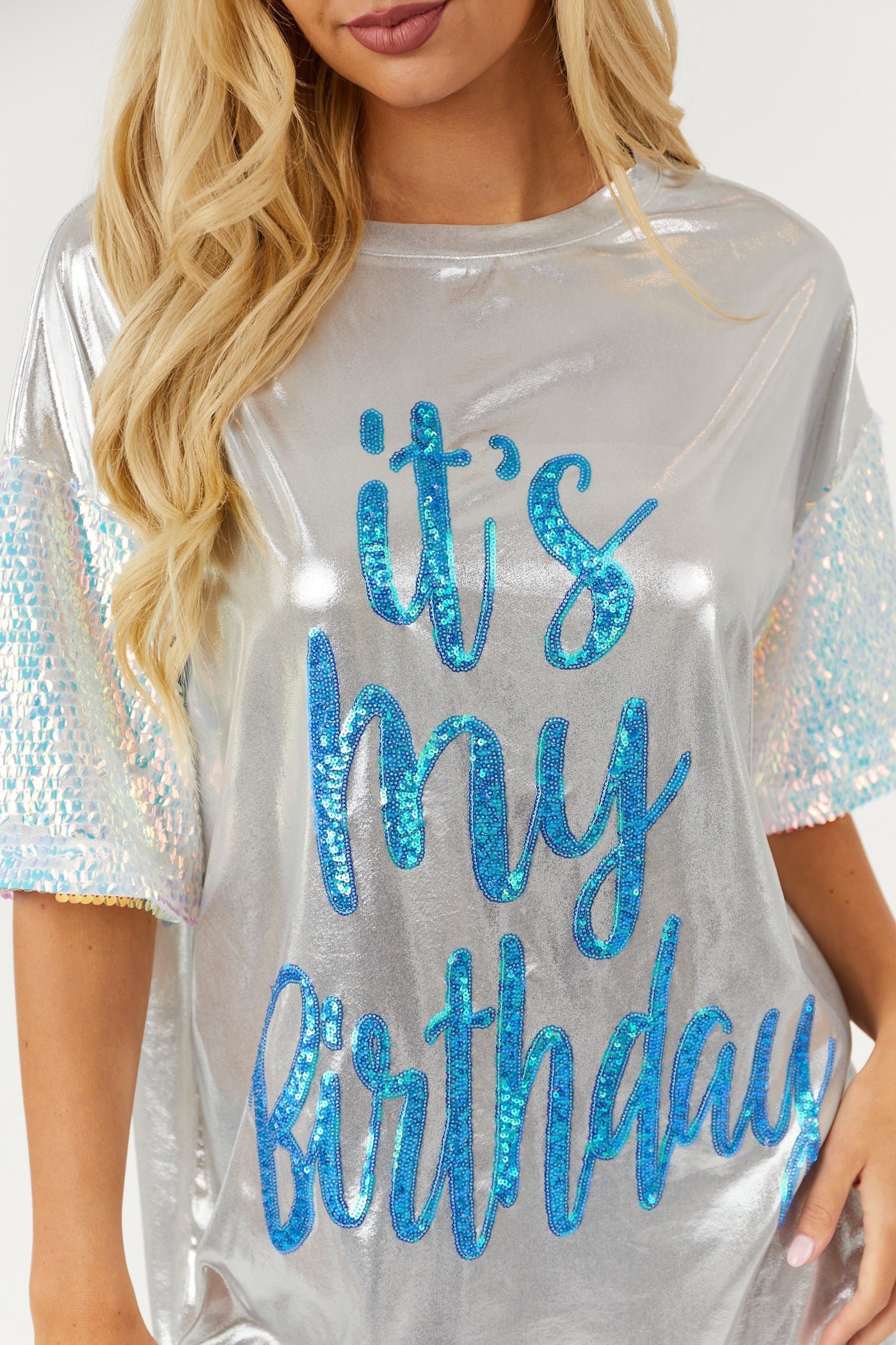Metallic Silver 'It's My Birthday' Tee Shirt Dress