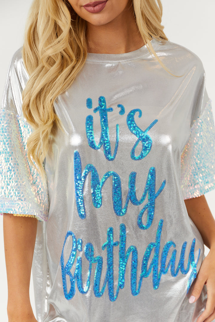 Metallic Silver 'It's My Birthday' Tee Shirt Dress