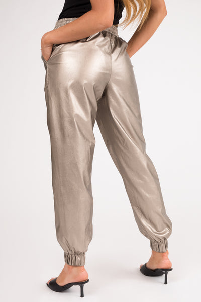 Metallic Taupe Faux Leather Jogger Pants