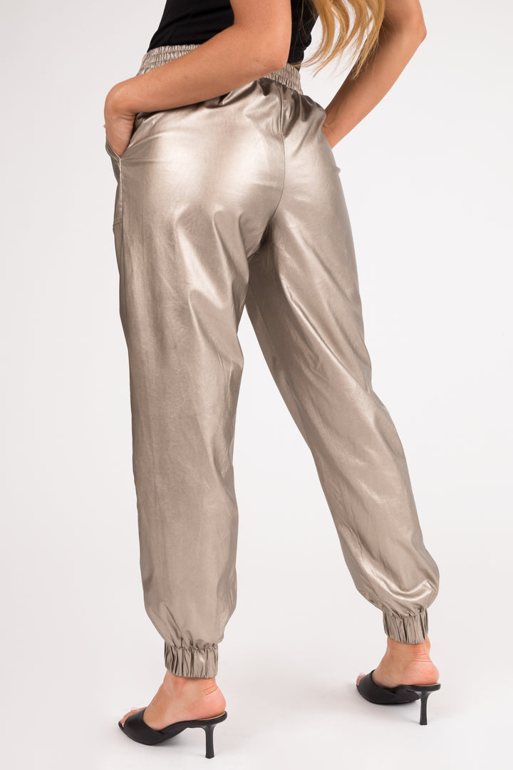 Metallic Taupe Faux Leather Jogger Pants