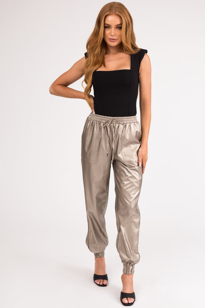 Metallic Taupe Faux Leather Jogger Pants