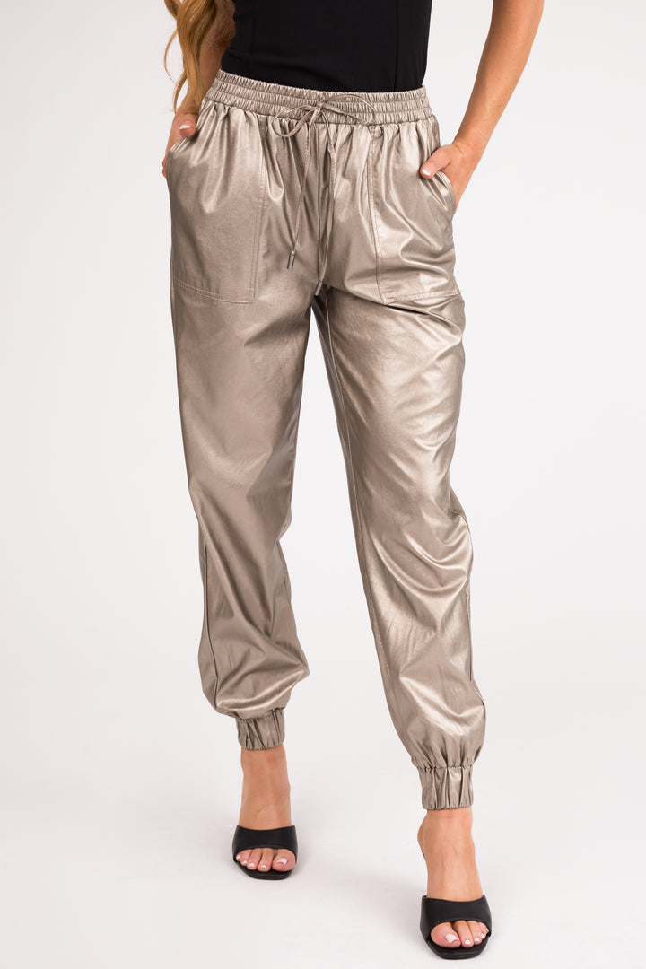 Metallic Taupe Faux Leather Jogger Pants