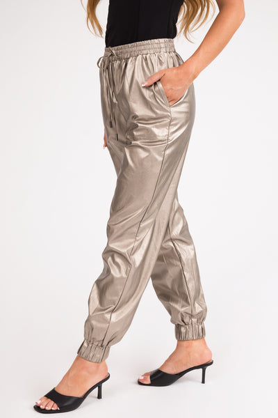 Metallic Taupe Faux Leather Jogger Pants