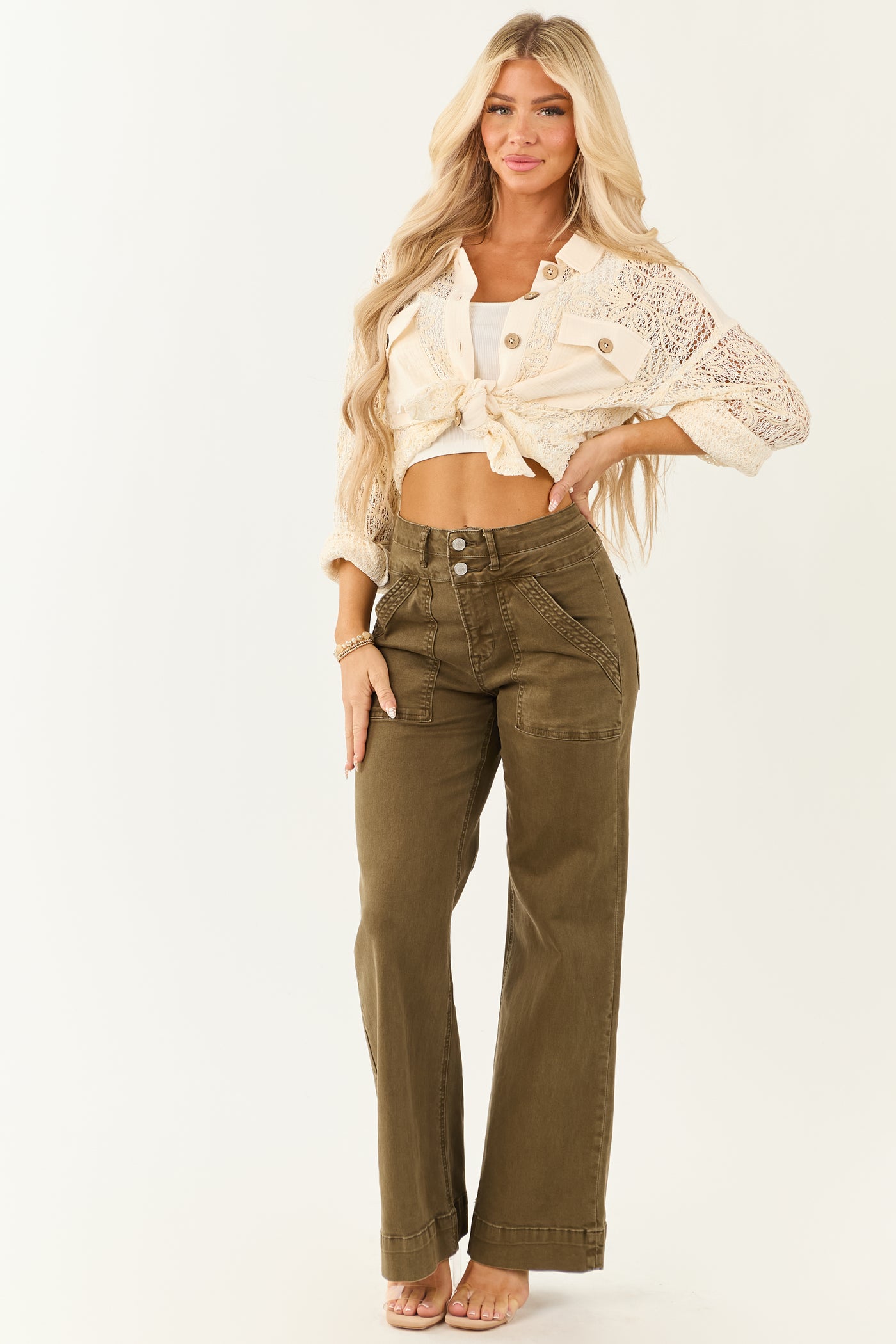 Mica Denim Army Green Wide Leg Stretchy Jeans
