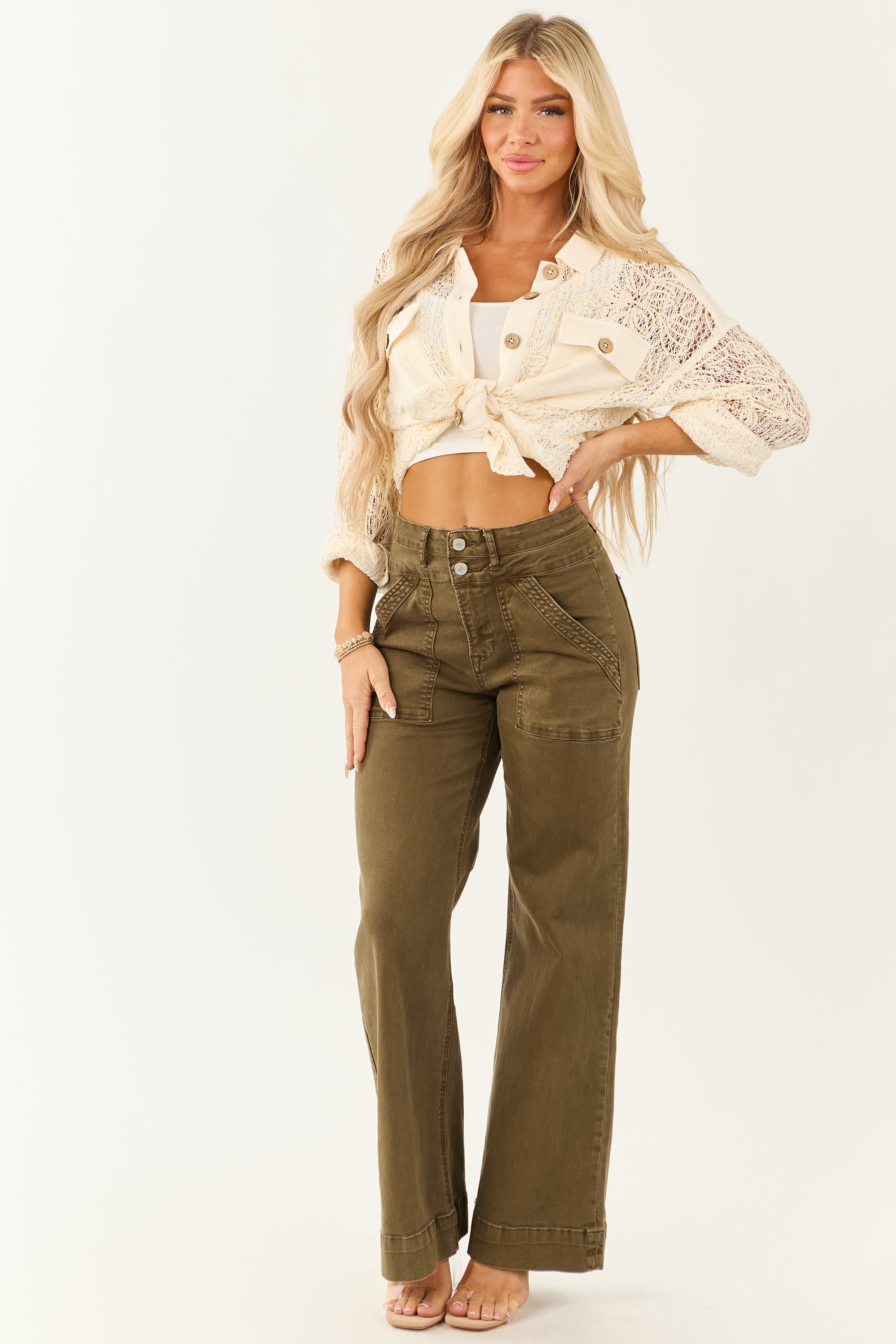 Mica Denim Army Green Wide Leg Stretchy Jeans