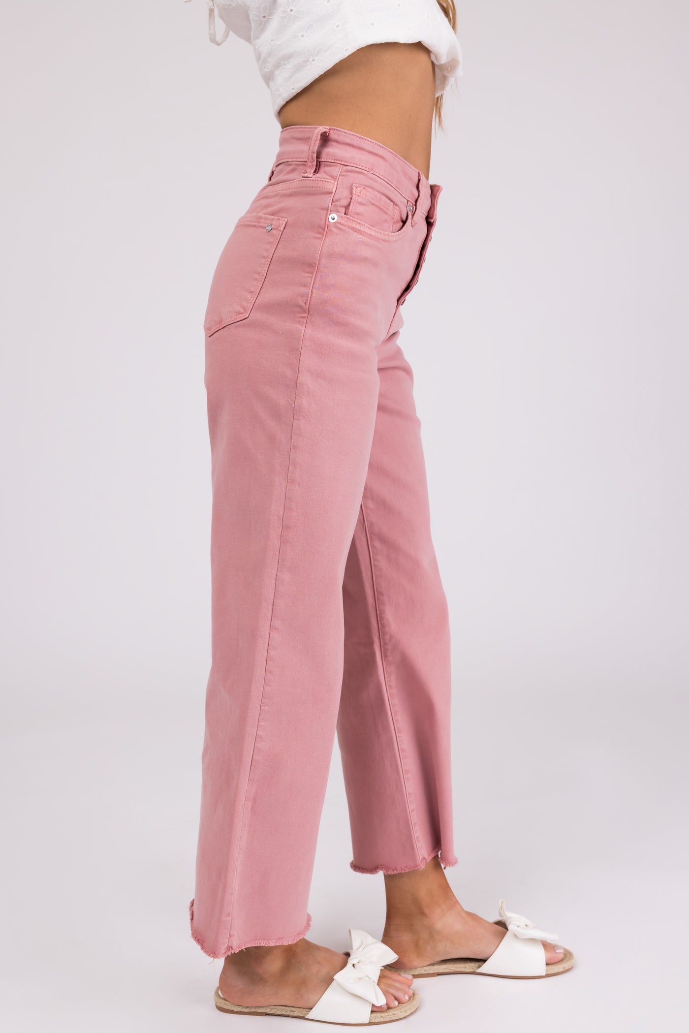 Mica Denim Baby Pink Wide Leg Button Fly Jeans