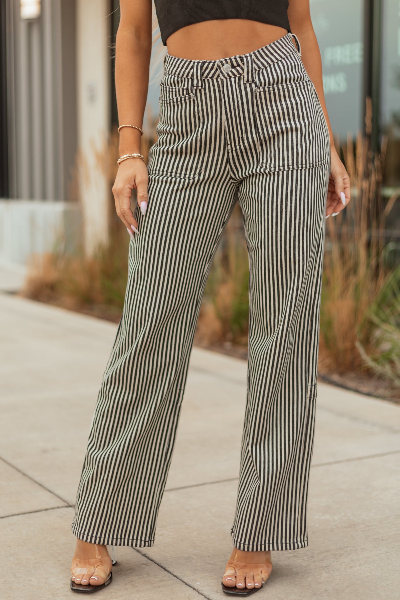 Mica Denim Black Striped Stretchy Straight Pants