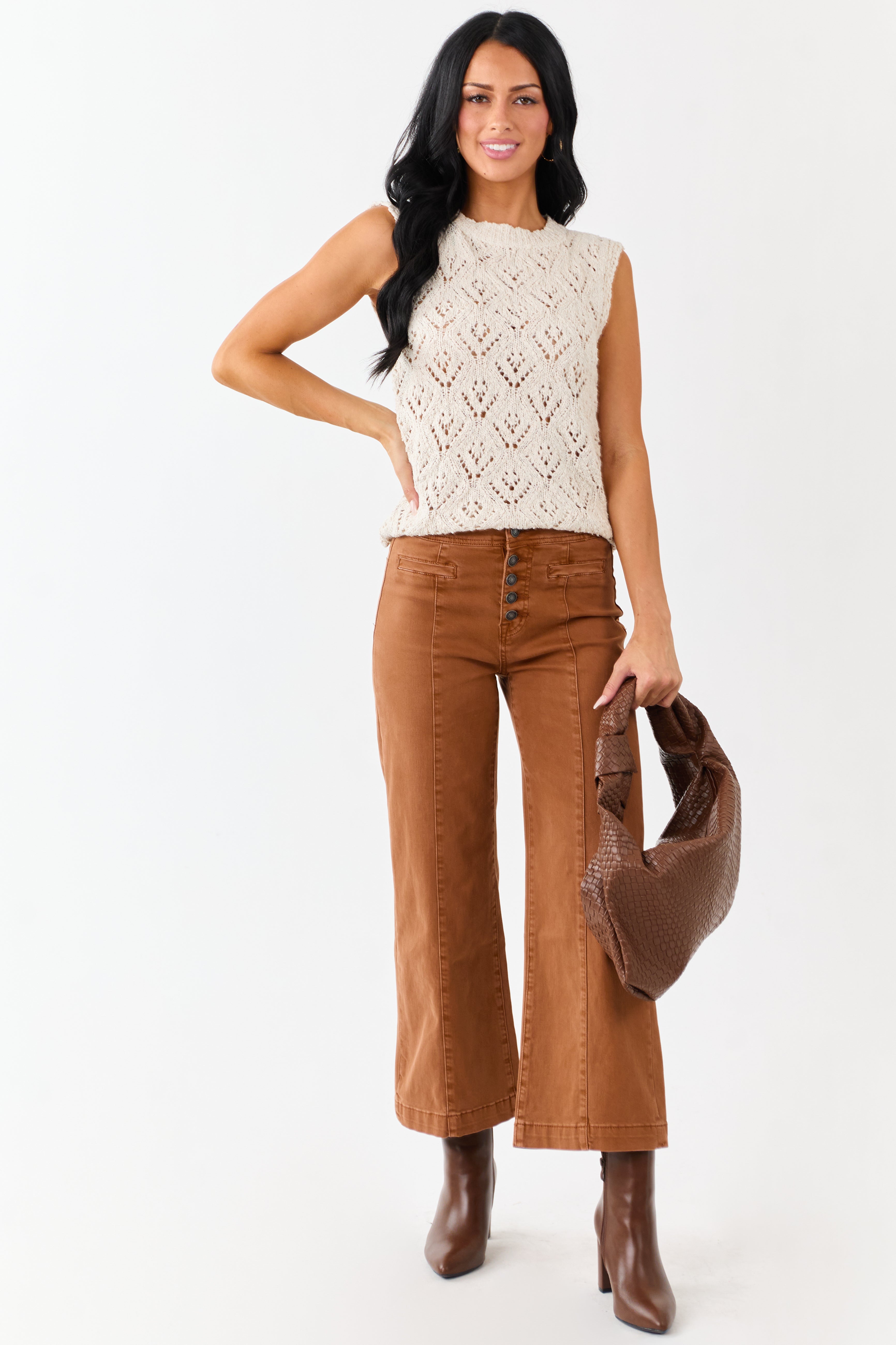 Mica Denim Caramel Stretchy Wide Leg Crop Jeans