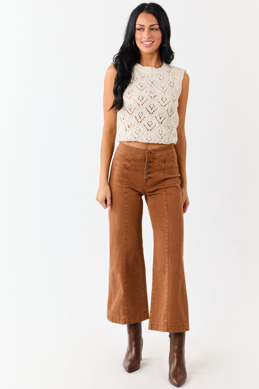 Mica Denim Caramel Stretchy Wide Leg Crop Jeans