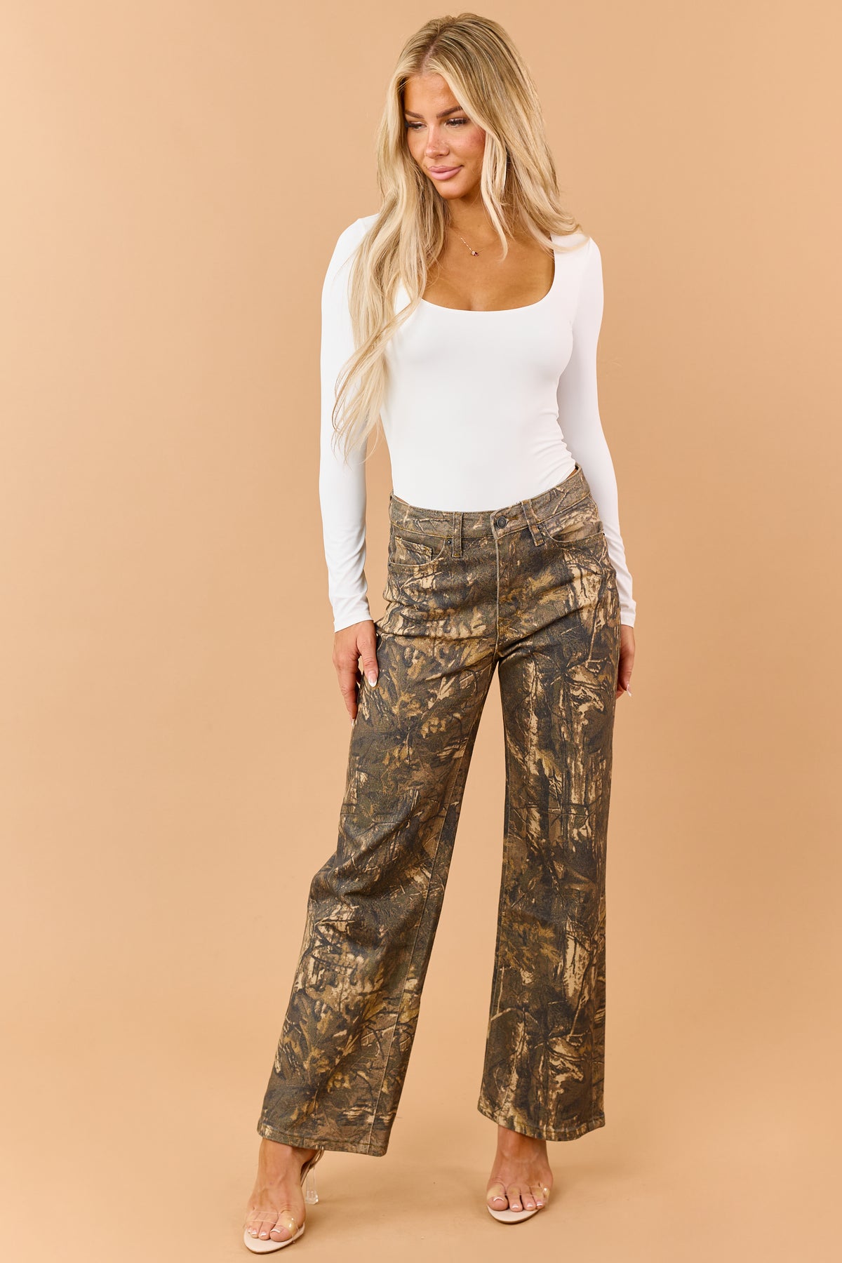 Mica Denim Chocolate Camo Print Wide Leg Jeans