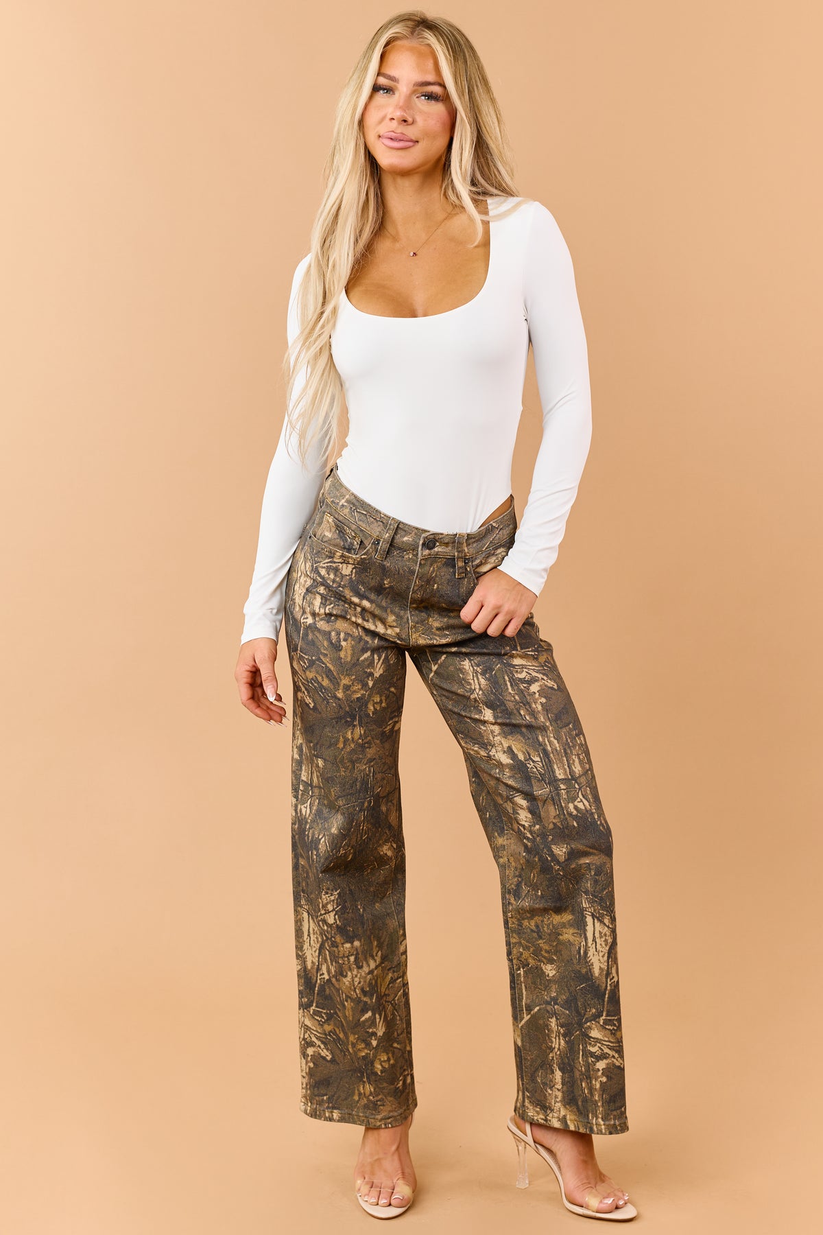 Mica Denim Chocolate Camo Print Wide Leg Jeans