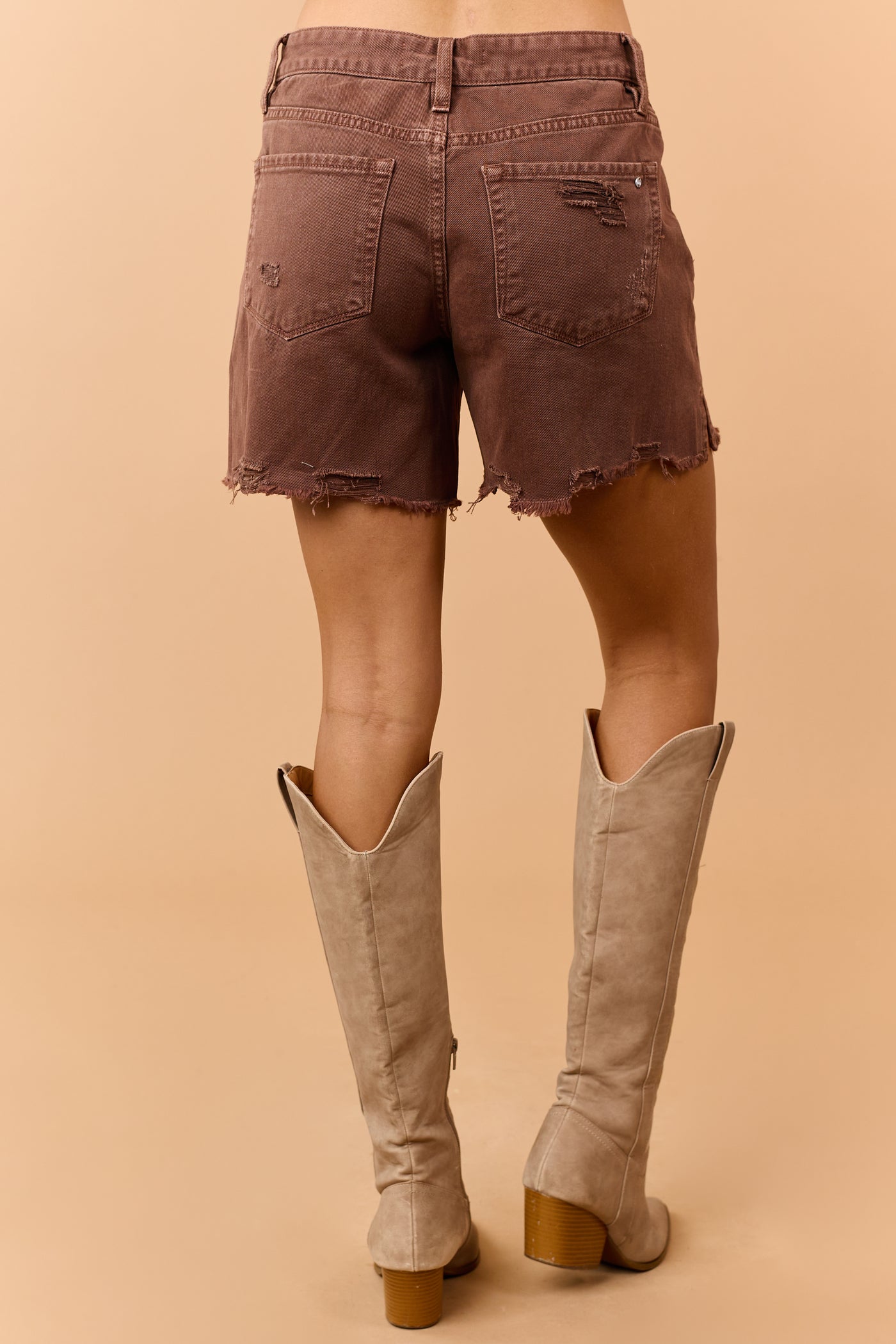 Mica Denim Cocoa High Rise Distressed Jean Shorts