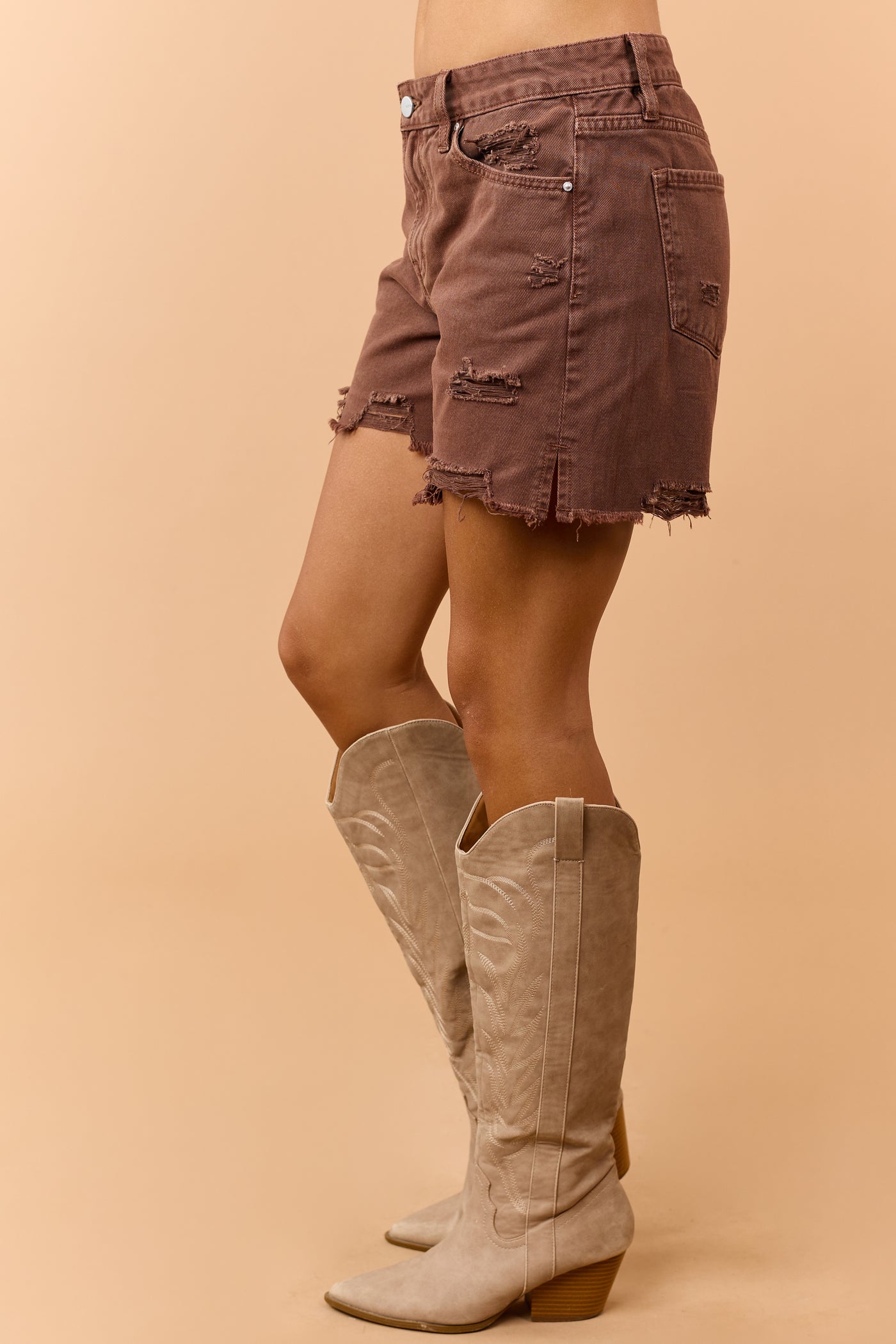 Mica Denim Cocoa High Rise Distressed Jean Shorts