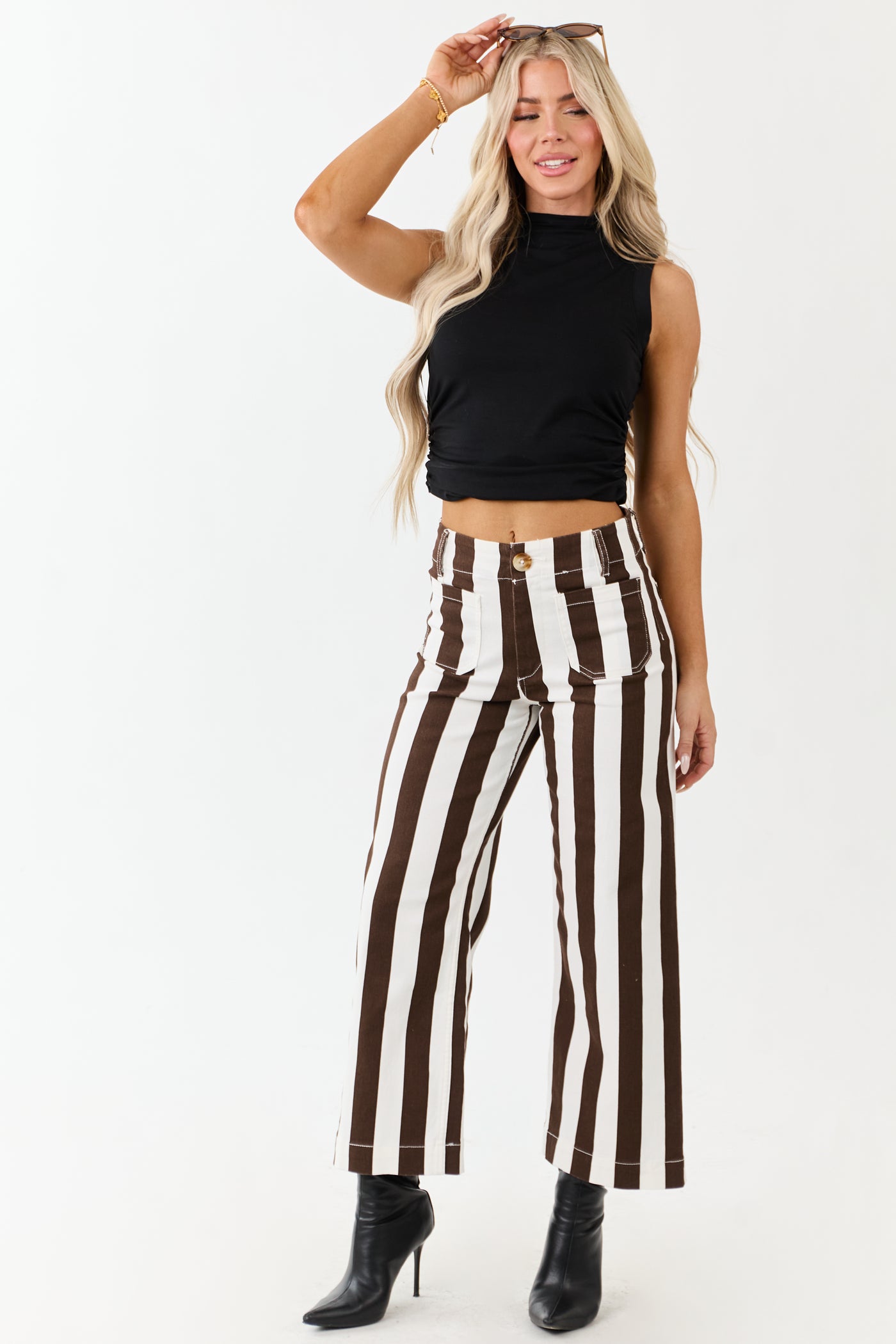 Mica Denim Cocoa Striped Wide Stretchy Crop Jeans