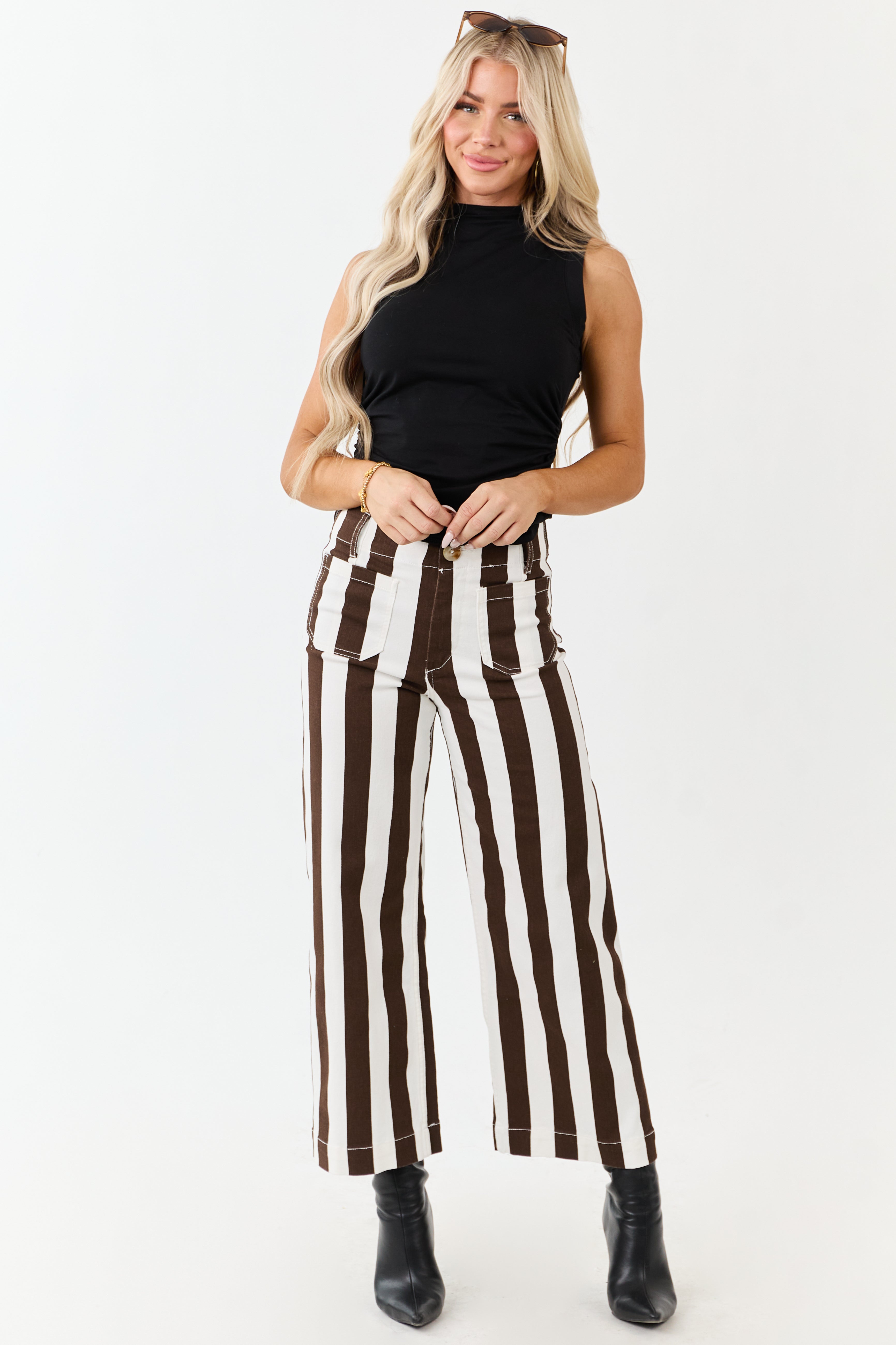 Mica Denim Cocoa Striped Wide Stretchy Crop Jeans