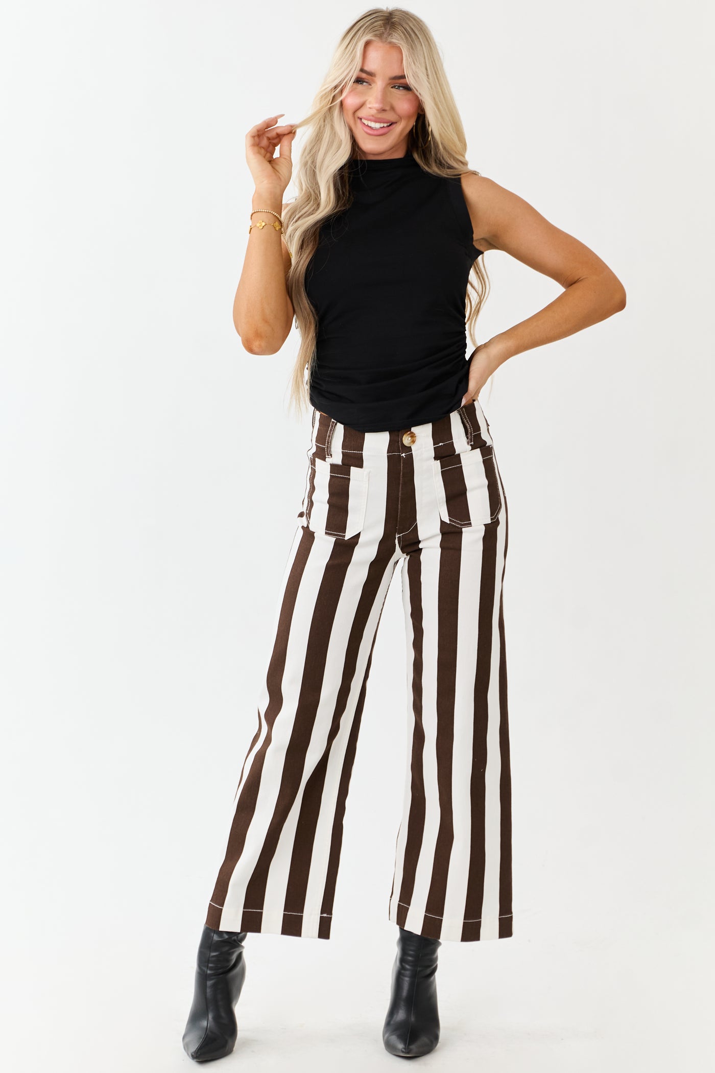 Mica Denim Cocoa Striped Wide Stretchy Crop Jeans