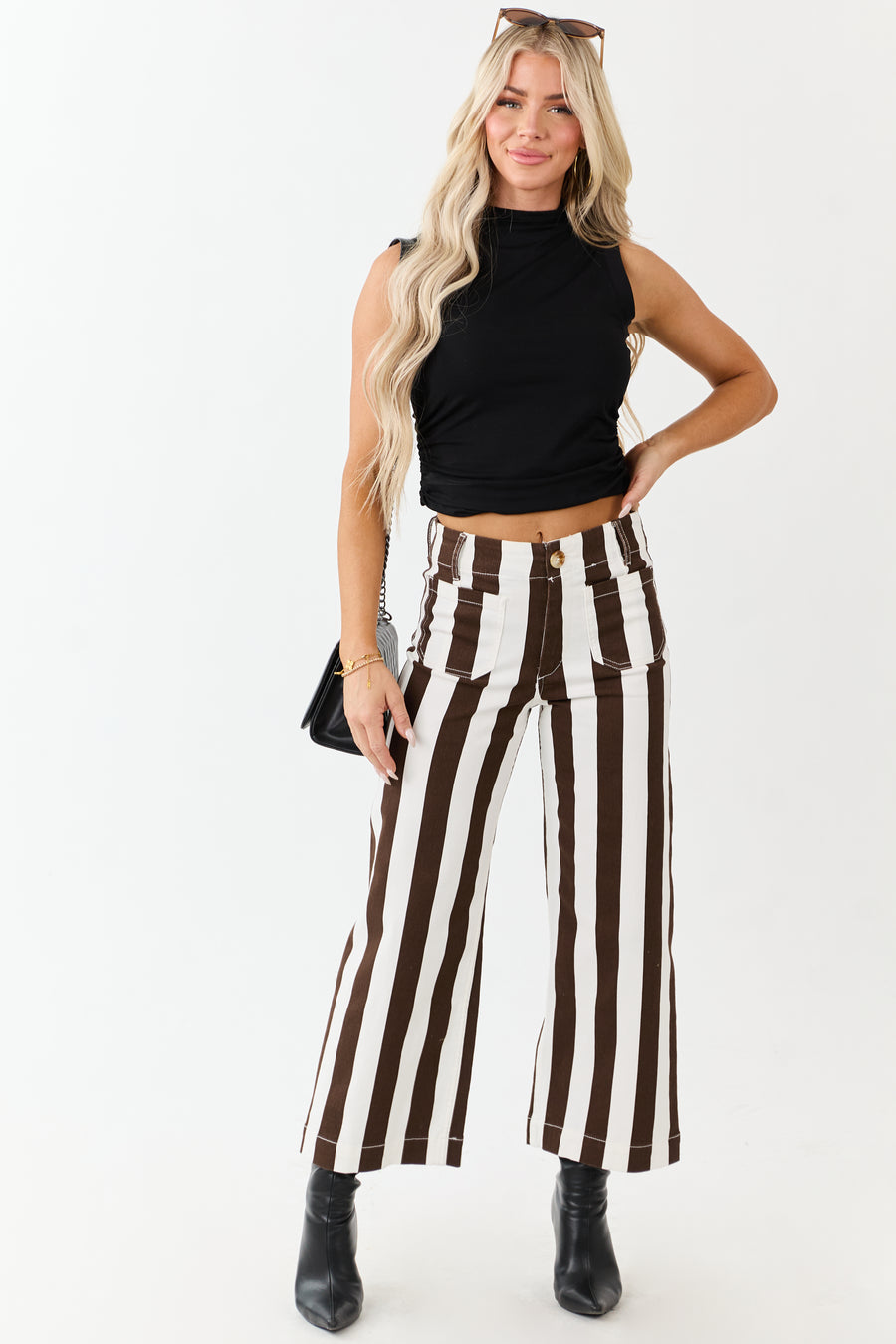 Mica Denim Cocoa Striped Wide Stretchy Crop Jeans