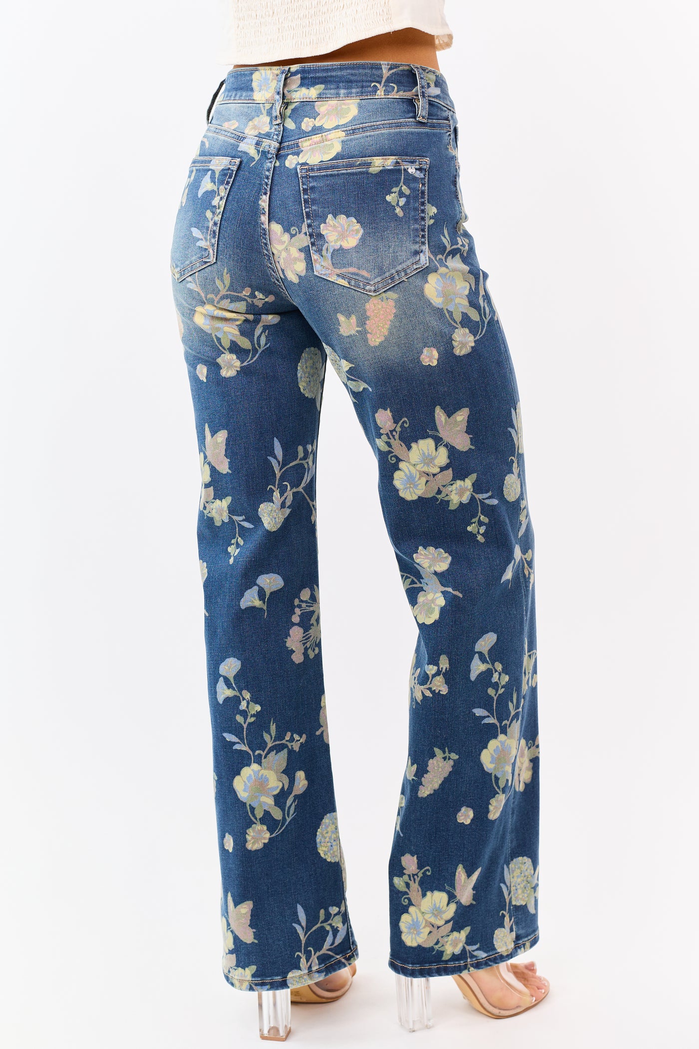 Mica Denim Dark Wash Floral Stretchy Wide Leg Jeans