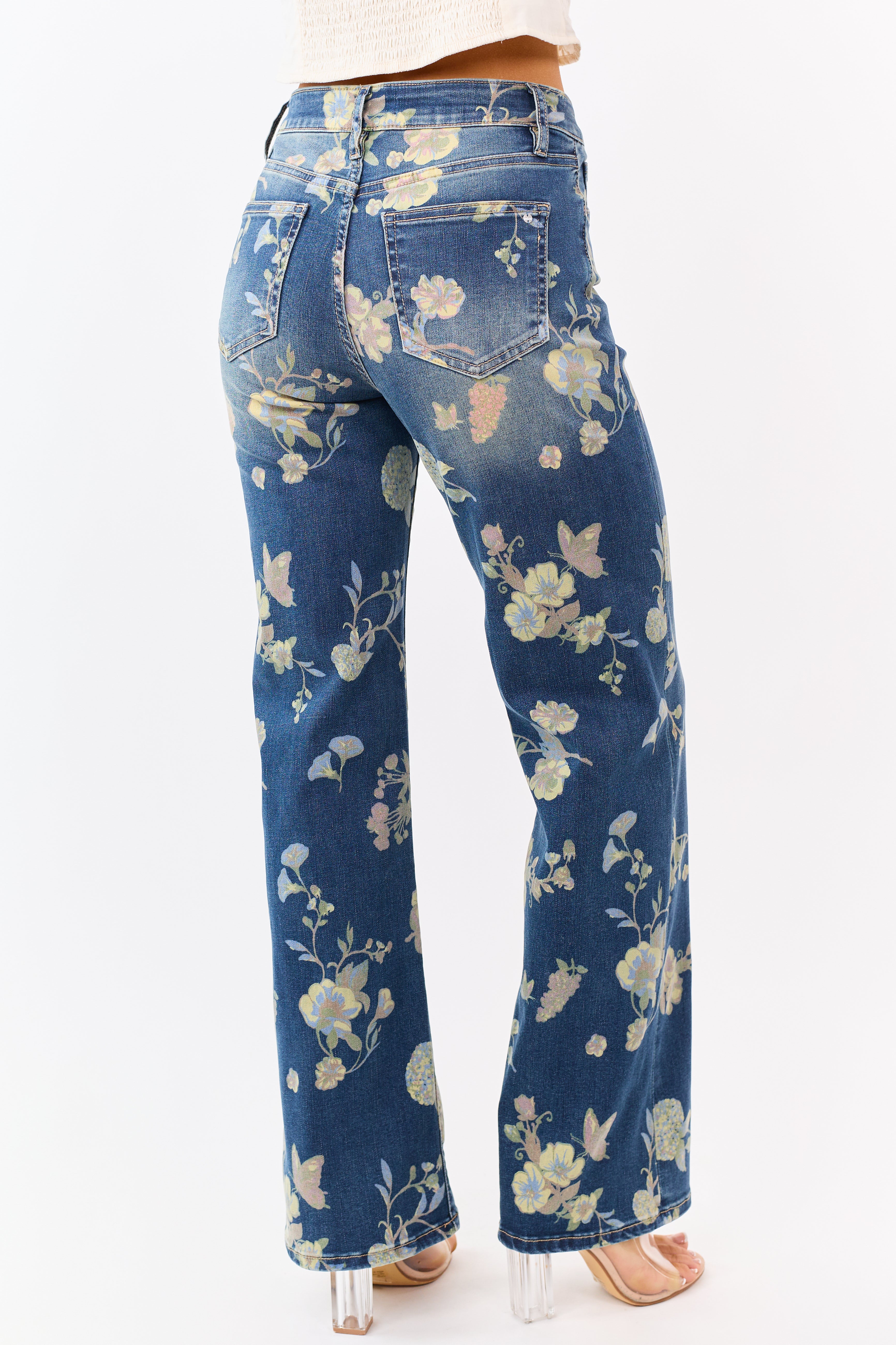 Mica Denim Dark Wash Floral Stretchy Wide Leg Jeans