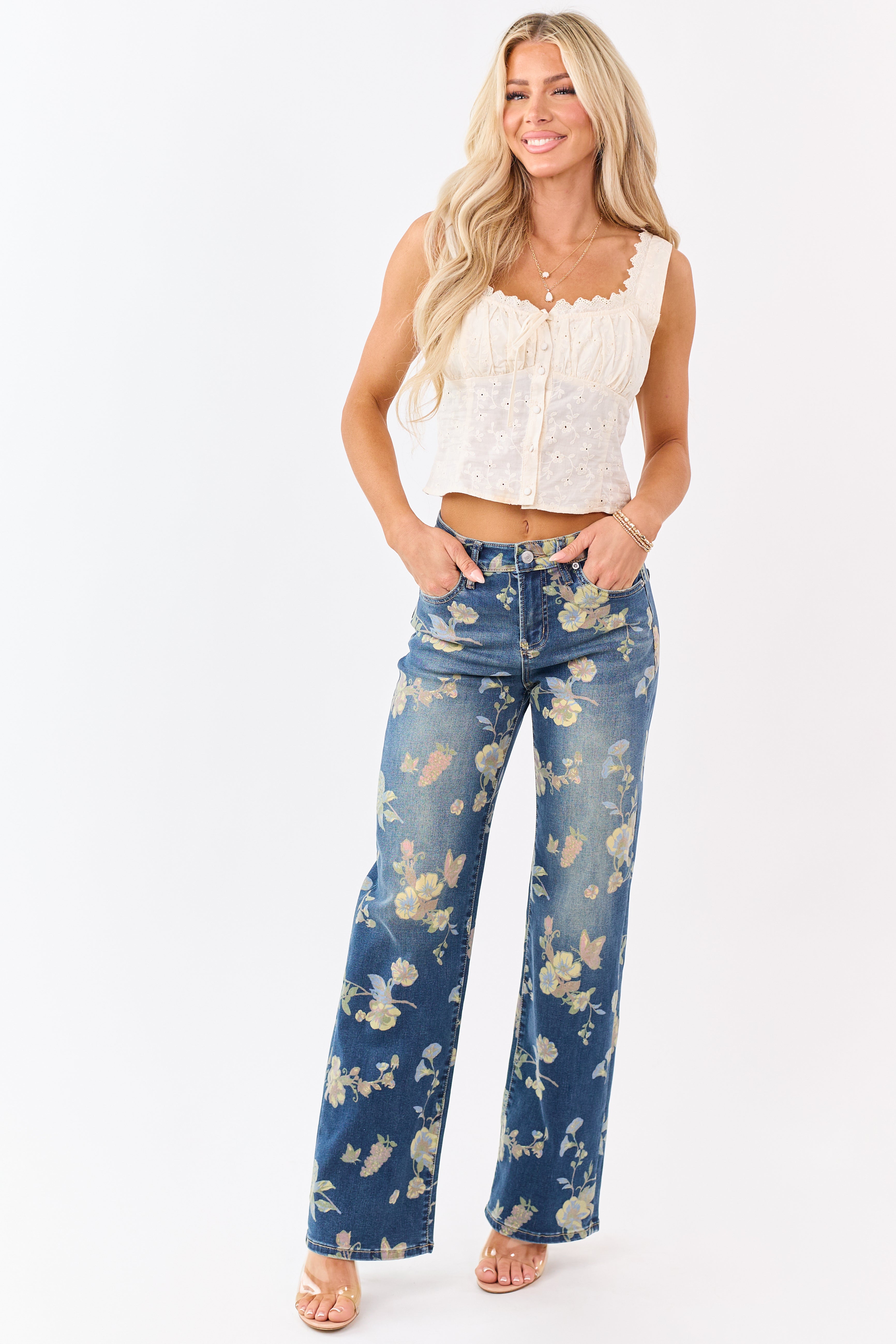 Mica Denim Dark Wash Floral Stretchy Wide Leg Jeans