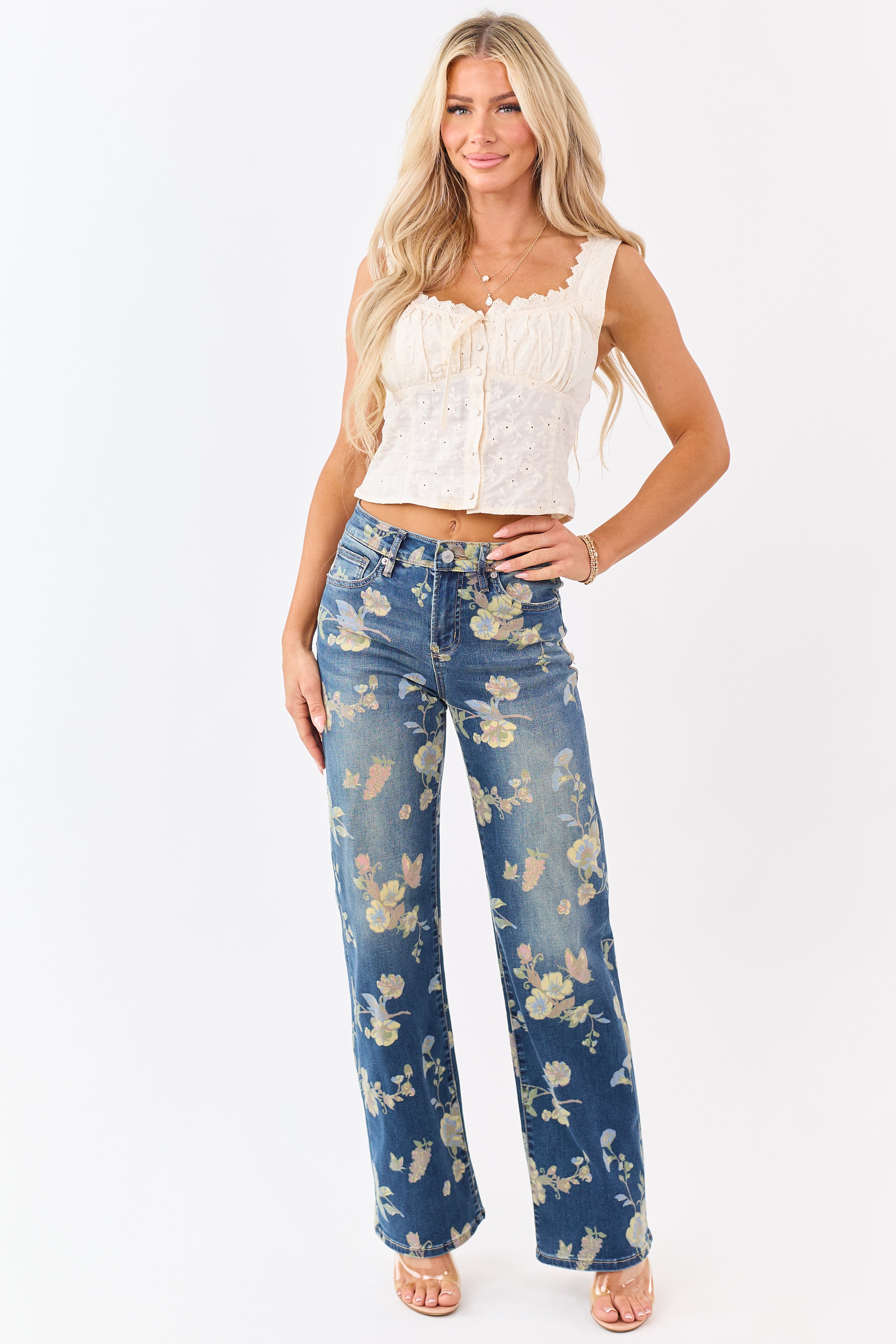 Mica Denim Dark Wash Floral Stretchy Wide Leg Jeans