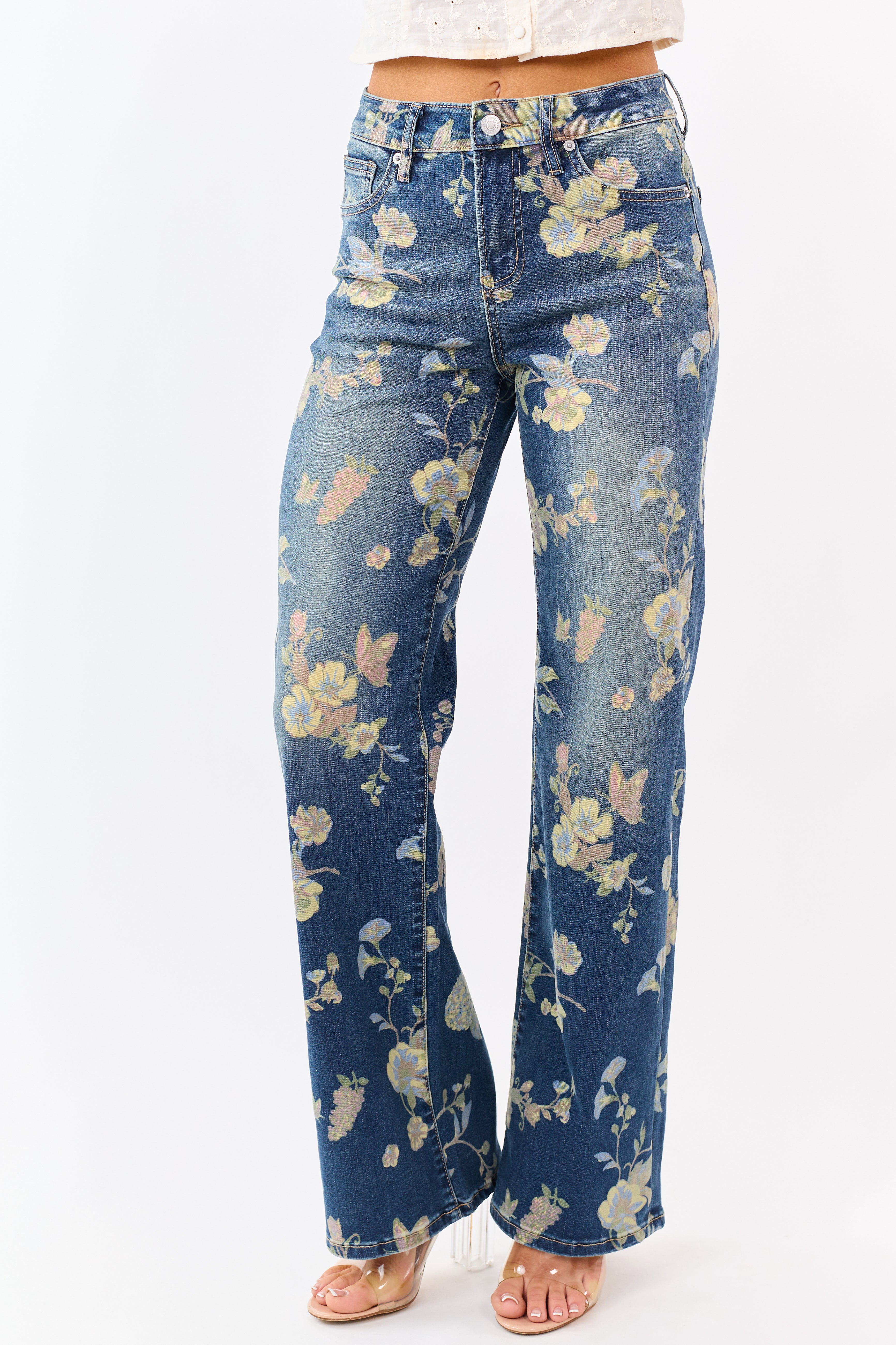 Mica Denim Dark Wash Floral Stretchy Wide Leg Jeans