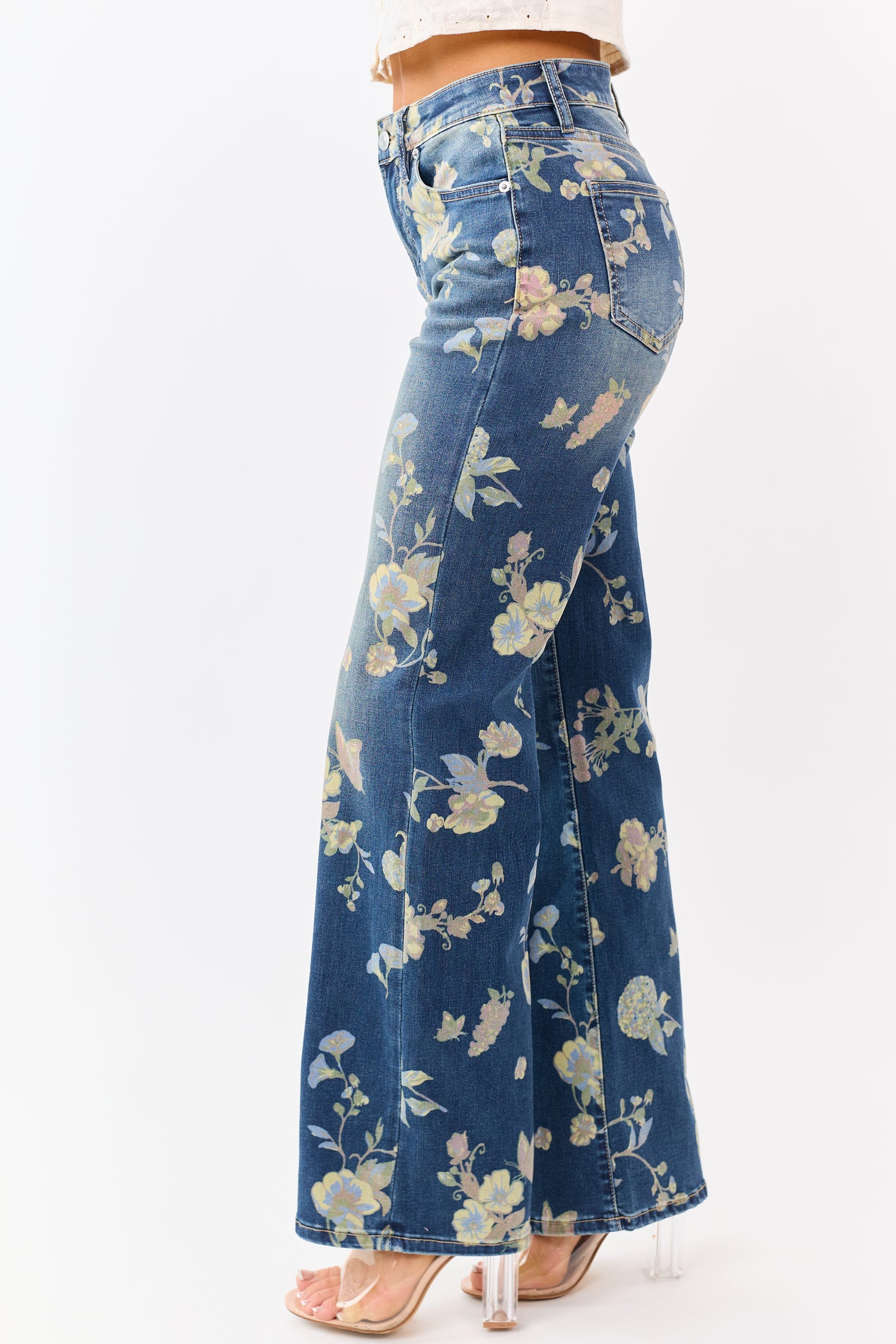 Mica Denim Dark Wash Floral Stretchy Wide Leg Jeans