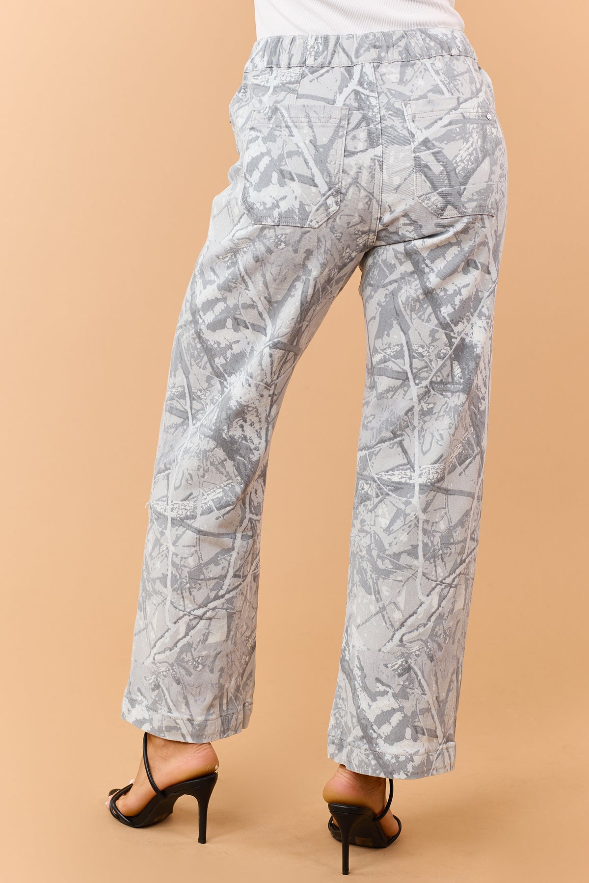 Mica Denim Dove Grey Camo Drawstring Wide Leg Jeans