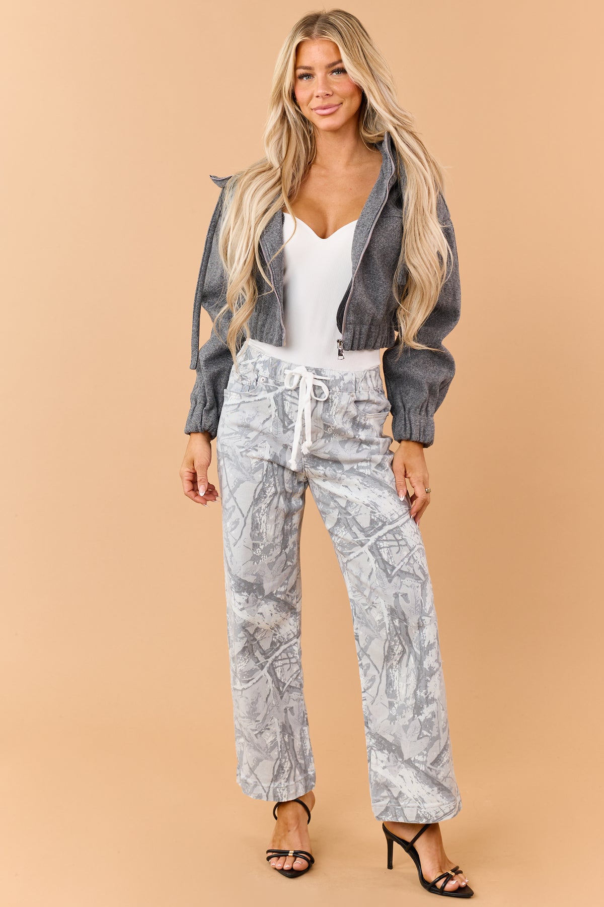 Mica Denim Dove Grey Camo Drawstring Wide Leg Jeans
