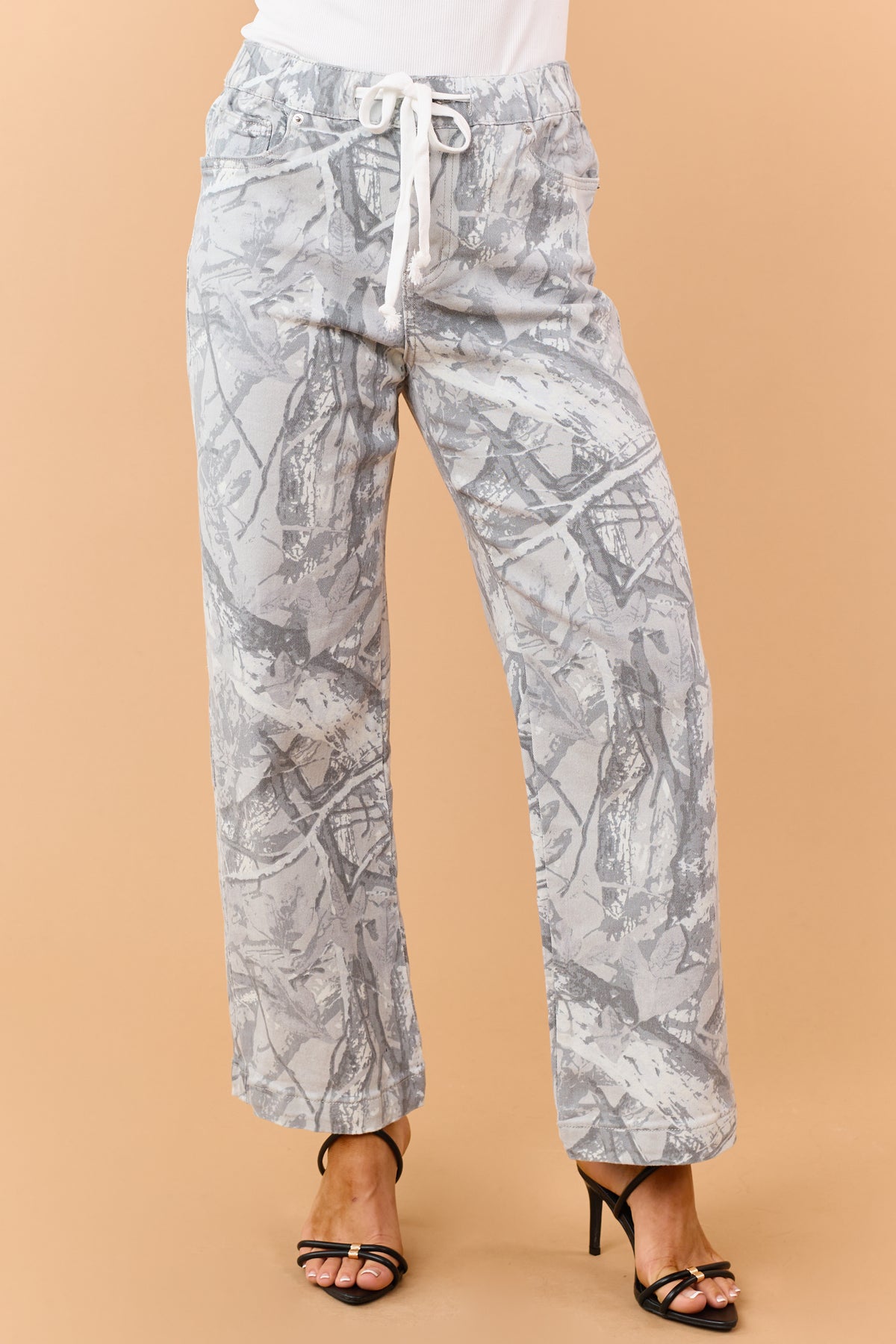 Mica Denim Dove Grey Camo Drawstring Wide Leg Jeans