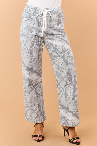 Mica Denim Dove Grey Camo Drawstring Wide Leg Jeans