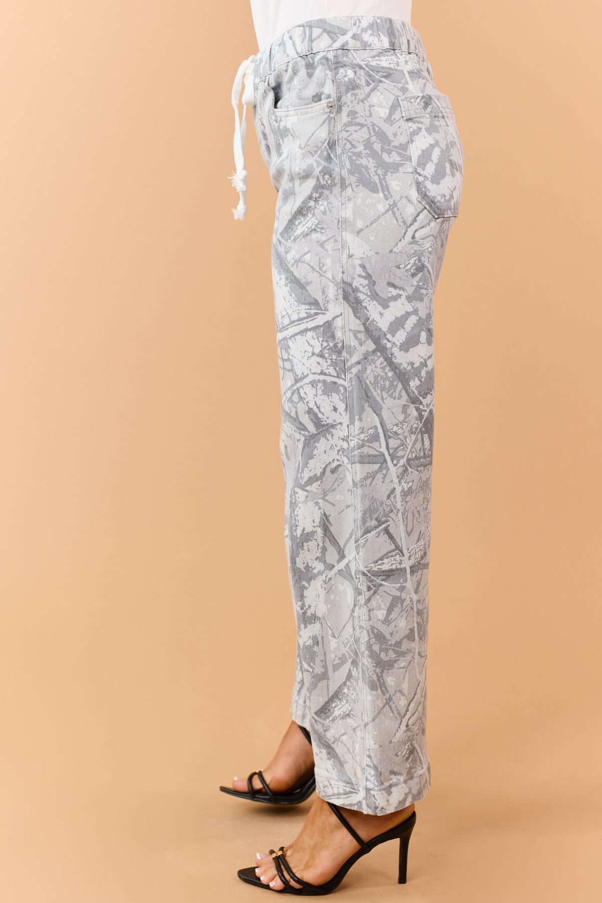 Mica Denim Dove Grey Camo Drawstring Wide Leg Jeans
