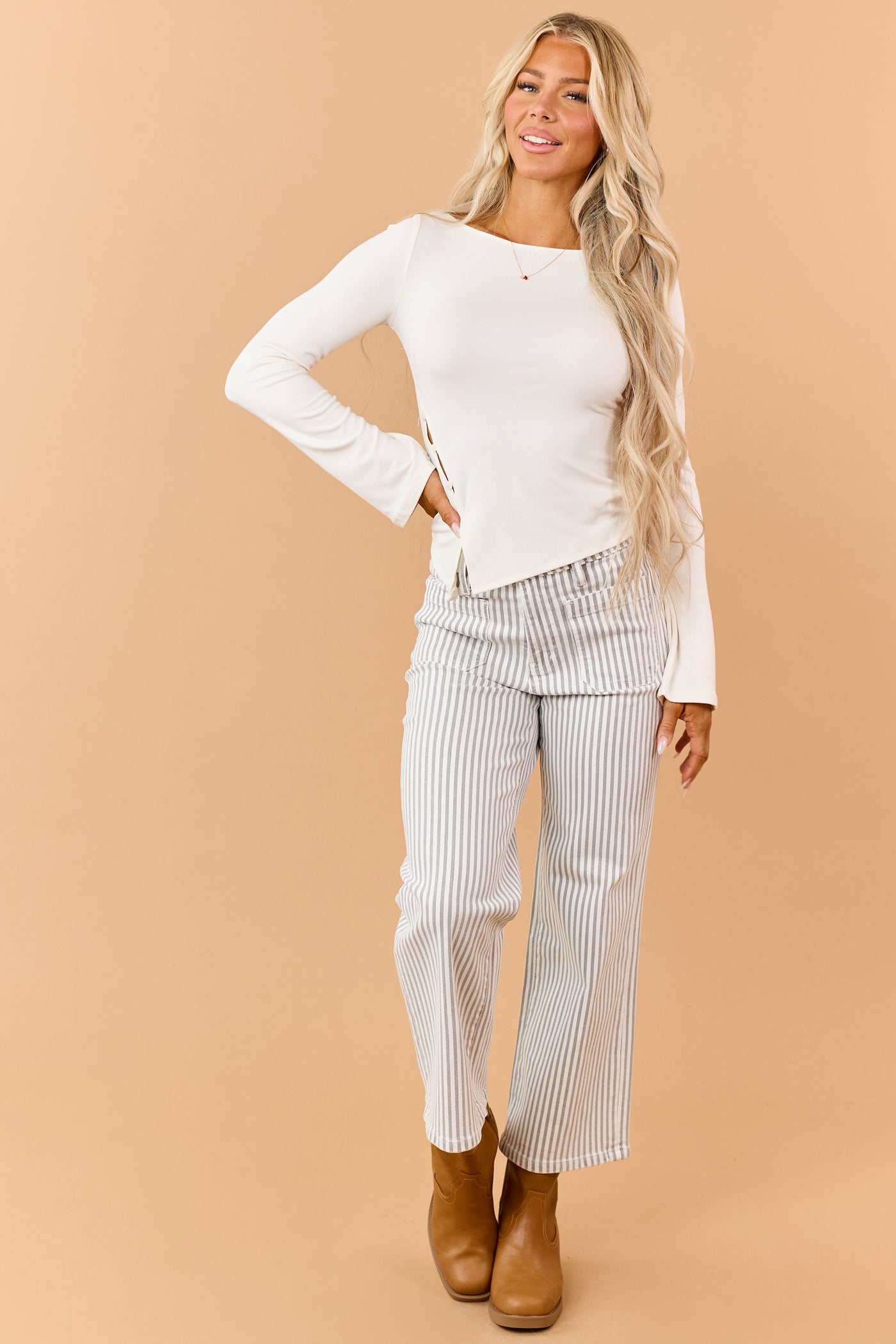 Mica Denim Dove Grey Striped Wide Crop Stretch Jeans