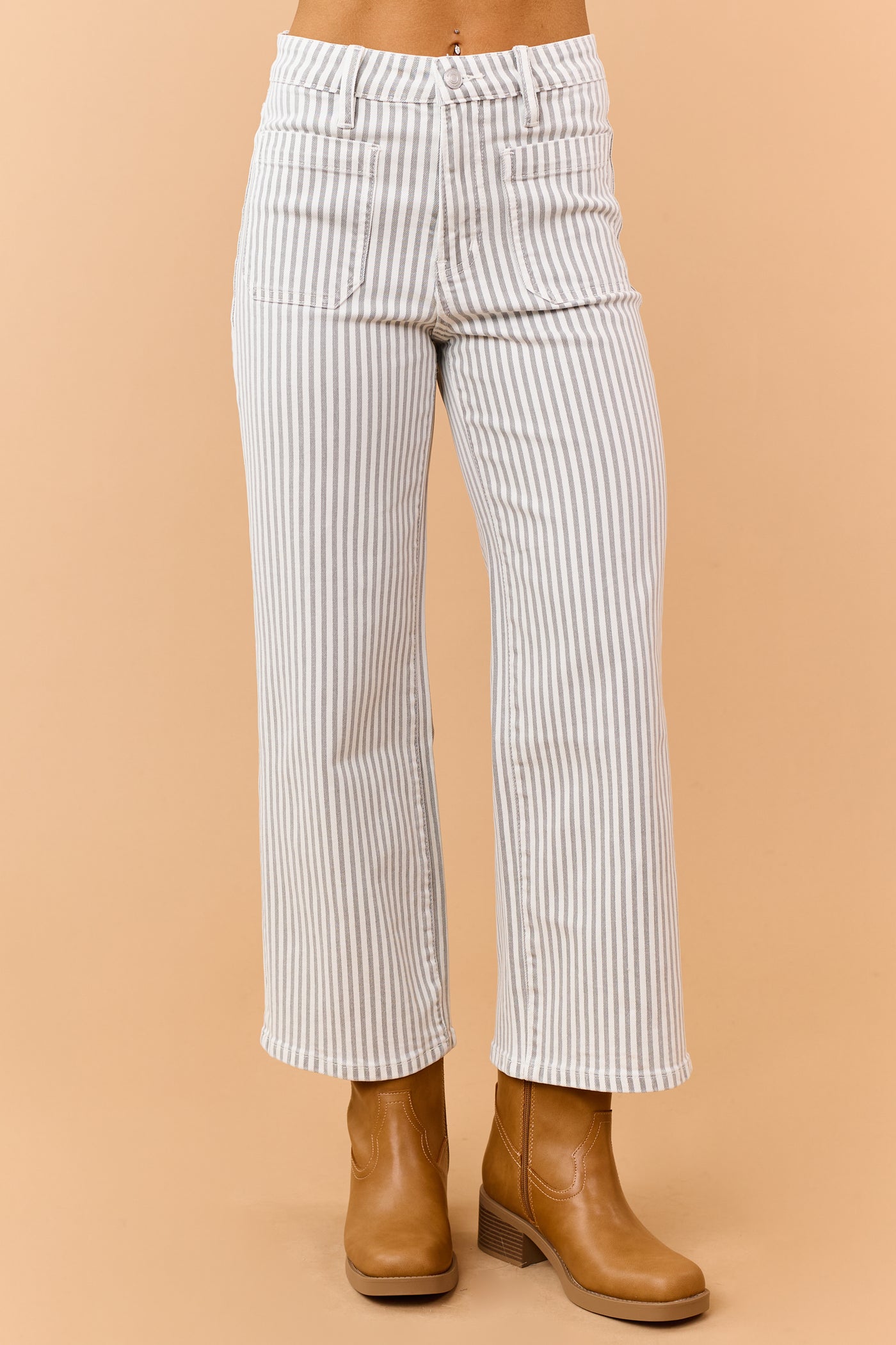 Mica Denim Dove Grey Striped Wide Crop Stretch Jeans