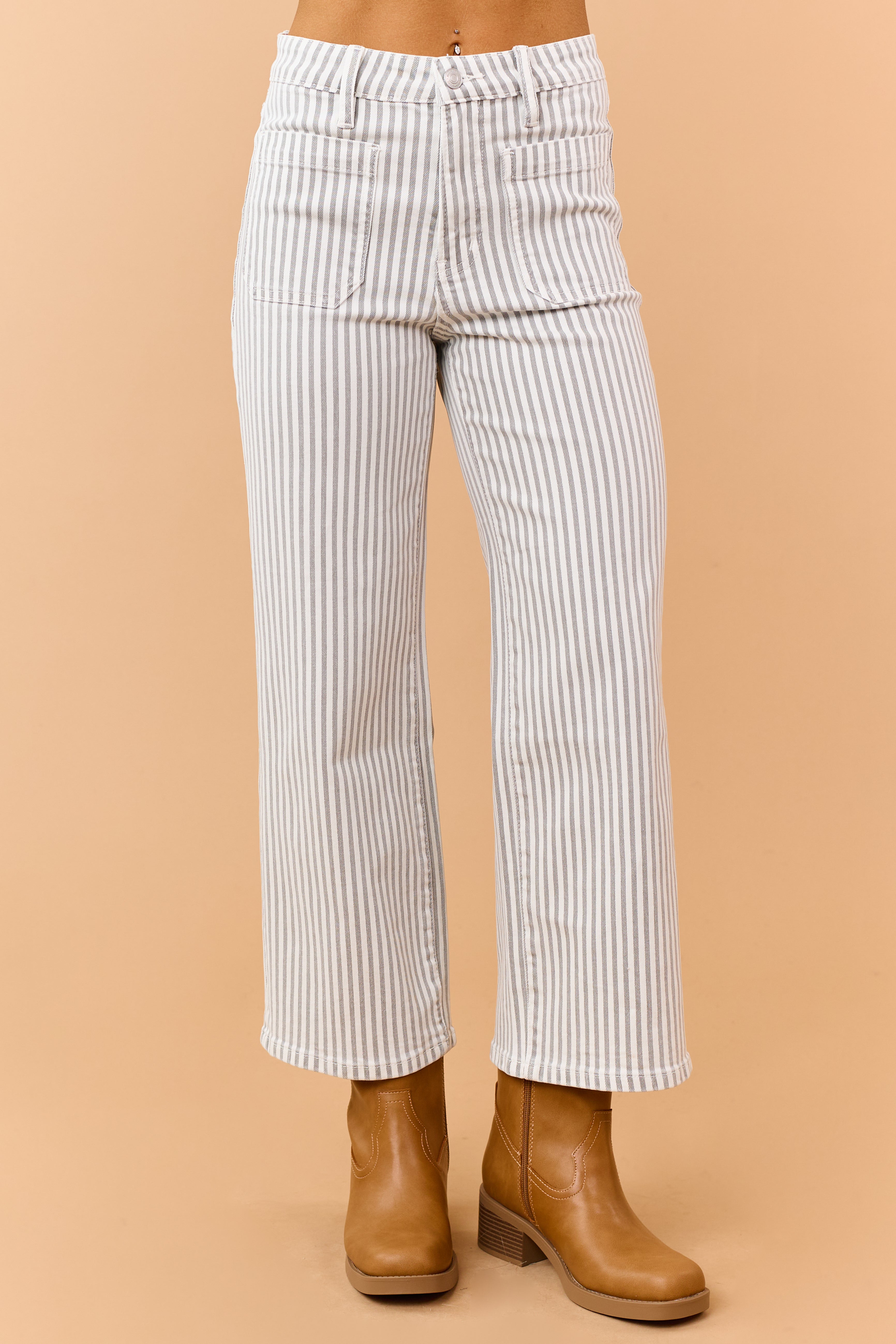 Mica Denim Dove Grey Striped Wide Crop Stretch Jeans
