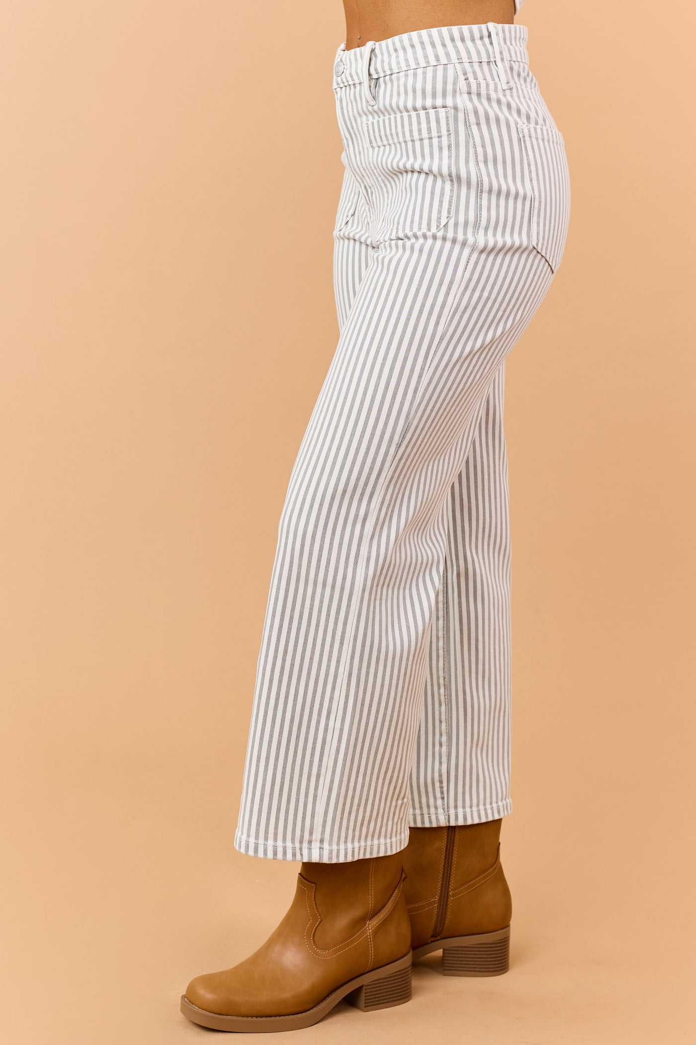 Mica Denim Dove Grey Striped Wide Crop Stretch Jeans