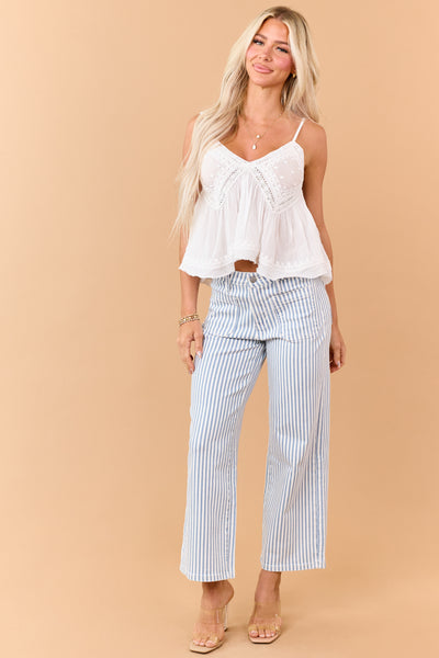 Mica Denim Dusty Blue Striped Wide Crop Stretch Jeans