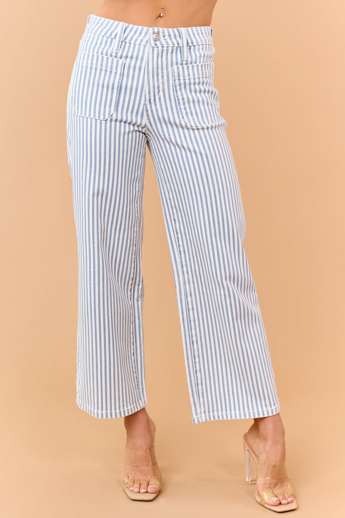 Mica Denim Dusty Blue Striped Wide Crop Stretch Jeans