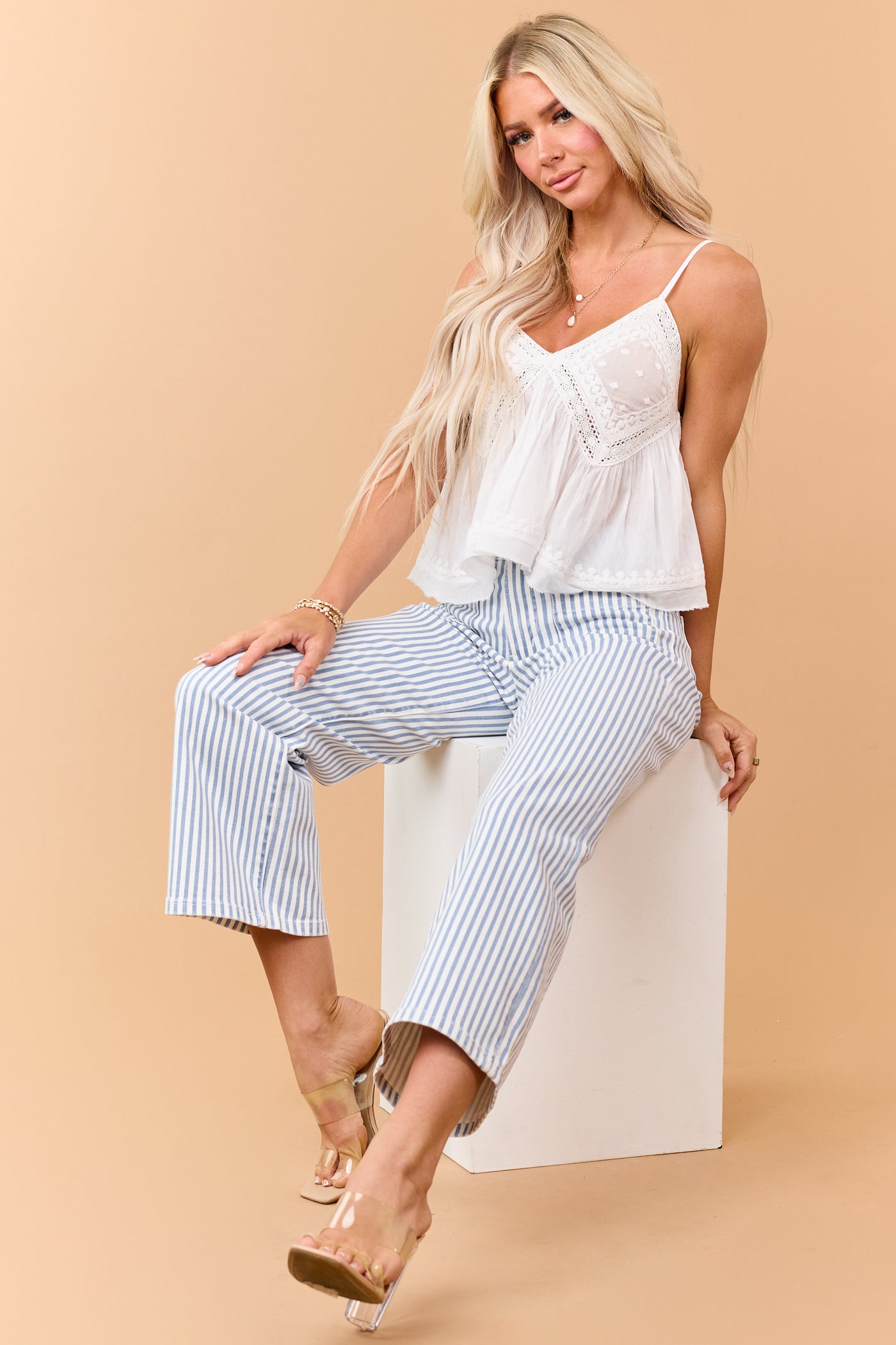 Mica Denim Dusty Blue Striped Wide Crop Stretch Jeans