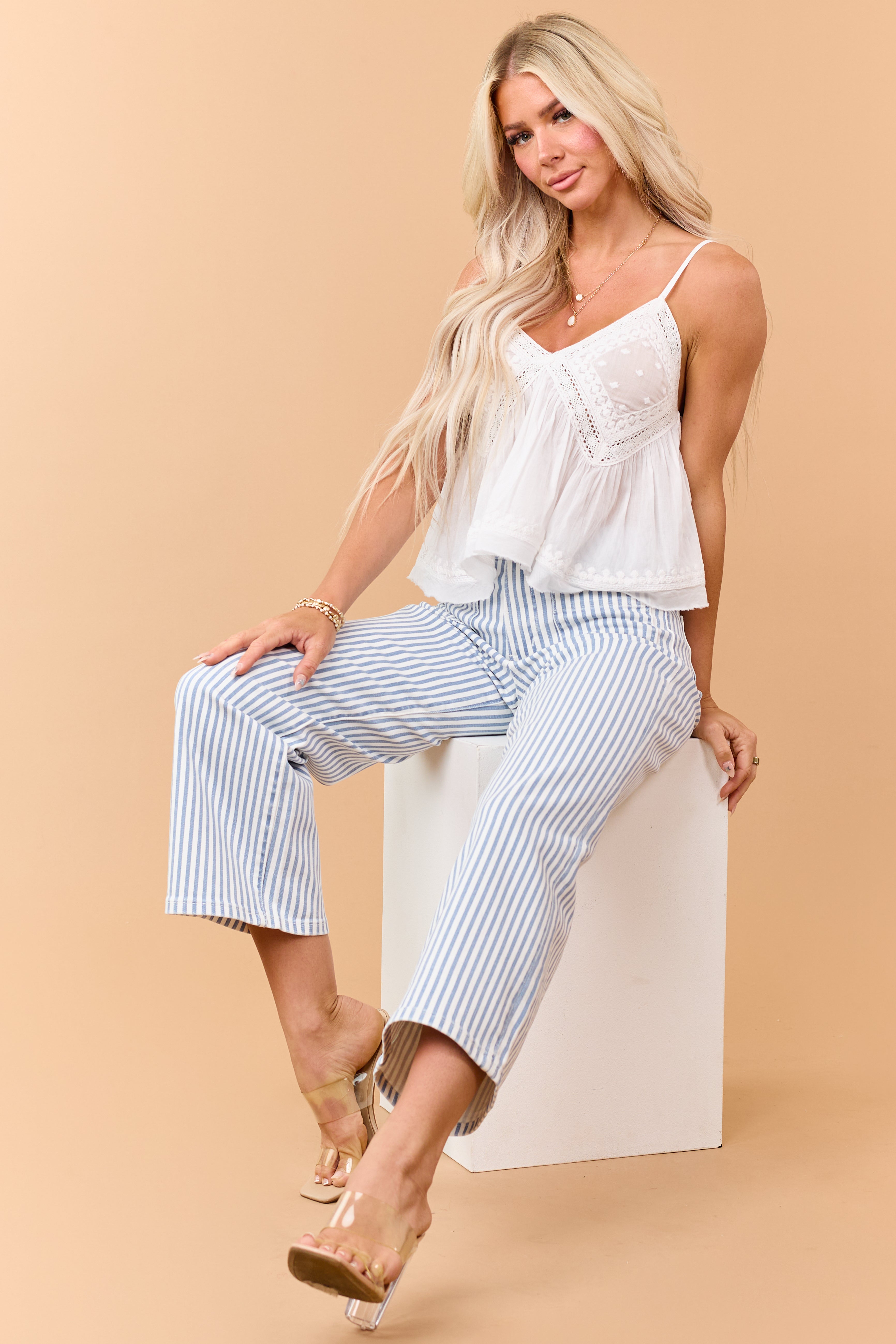 Mica Denim Dusty Blue Striped Wide Crop Stretch Jeans