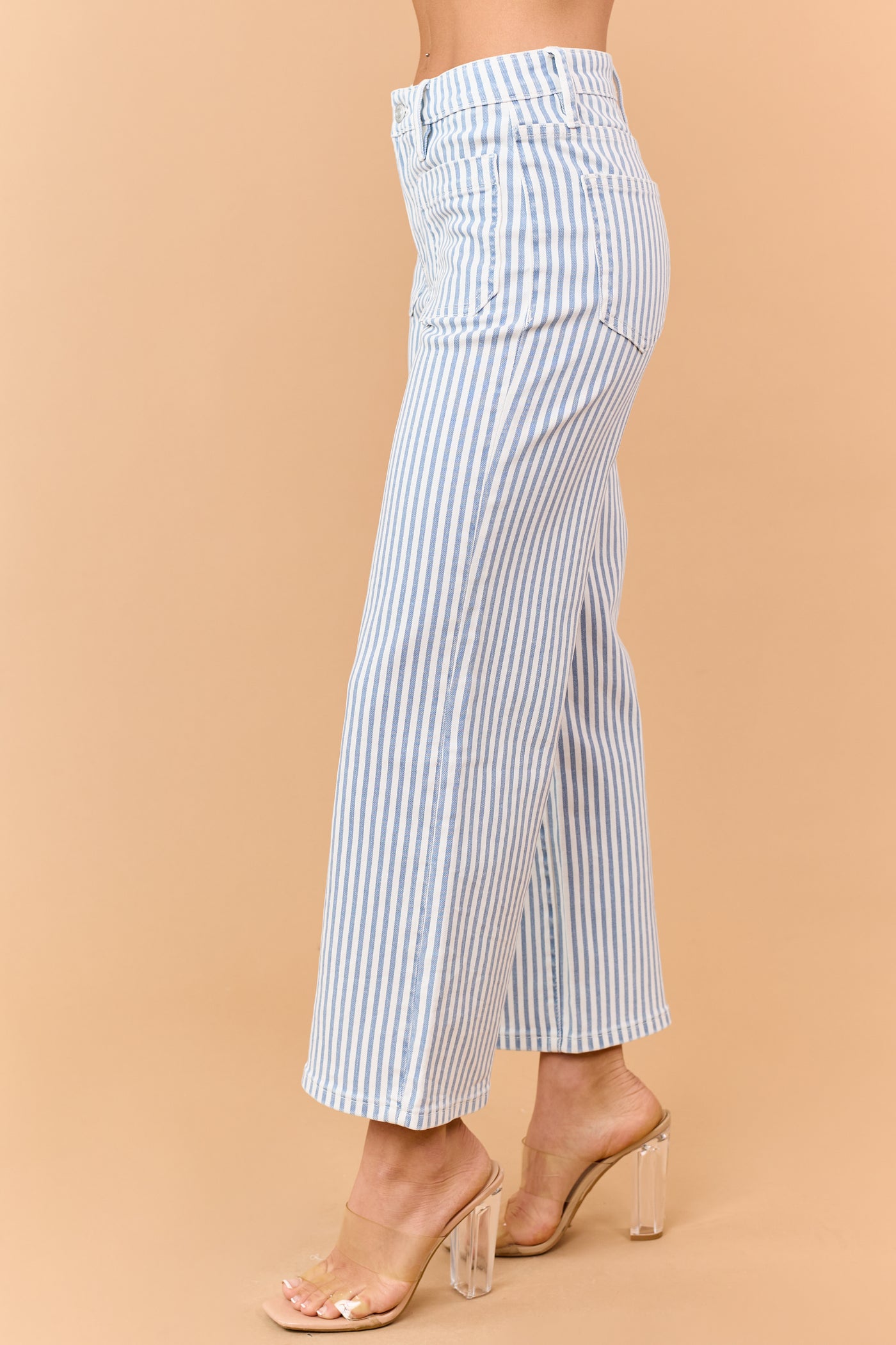 Mica Denim Dusty Blue Striped Wide Crop Stretch Jeans