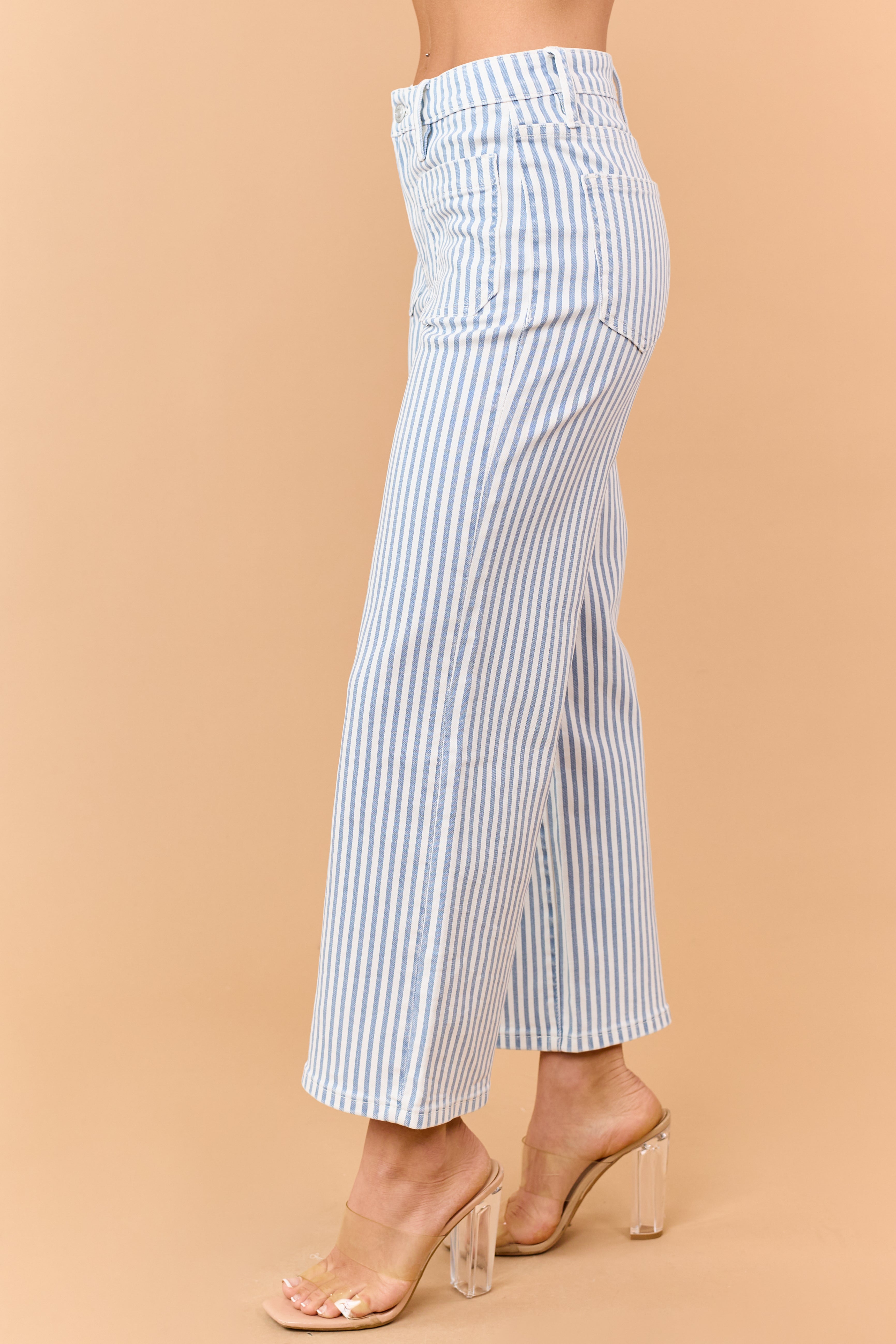 Mica Denim Dusty Blue Striped Wide Crop Stretch Jeans