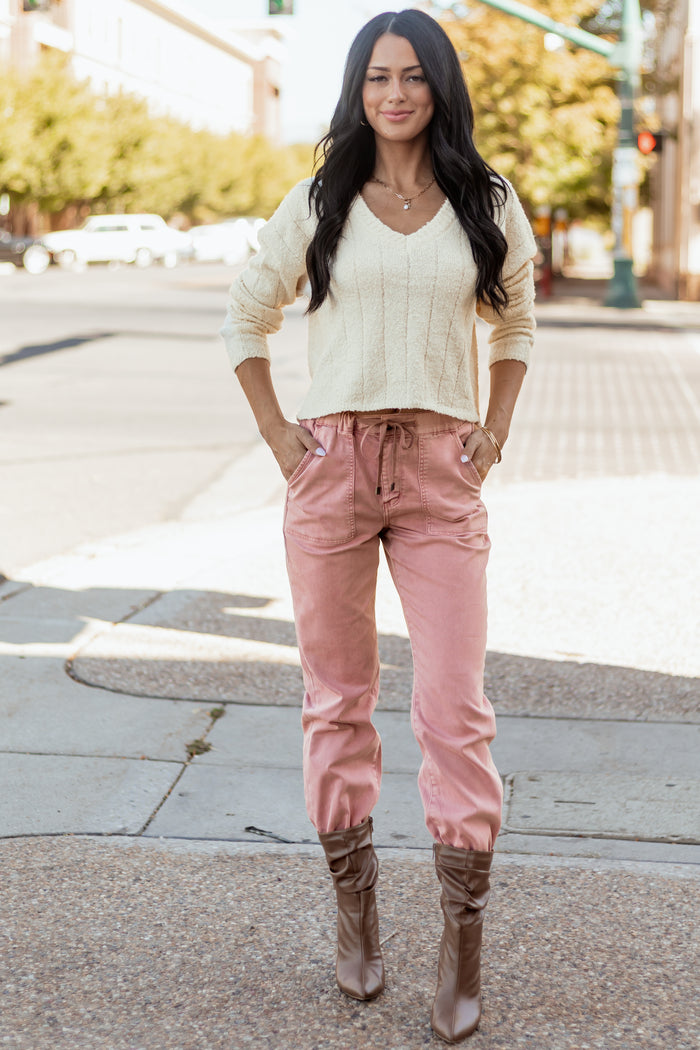Mica Denim Dusty Rose Cropped Jogger Jeans | Lime Lush Boutique