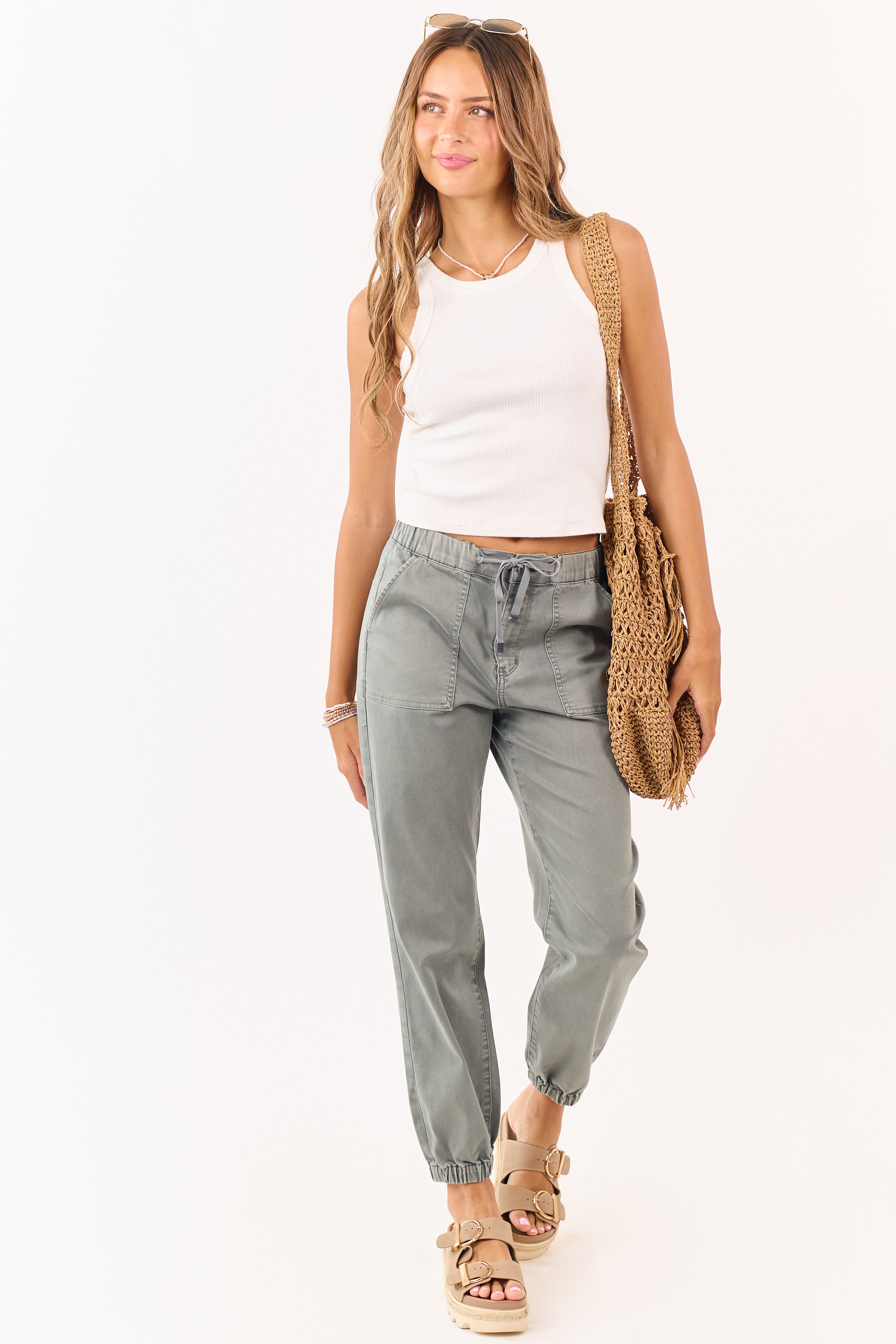 Mica Denim Faded Juniper Cropped Jogger Jeans | Lime Lush Boutique