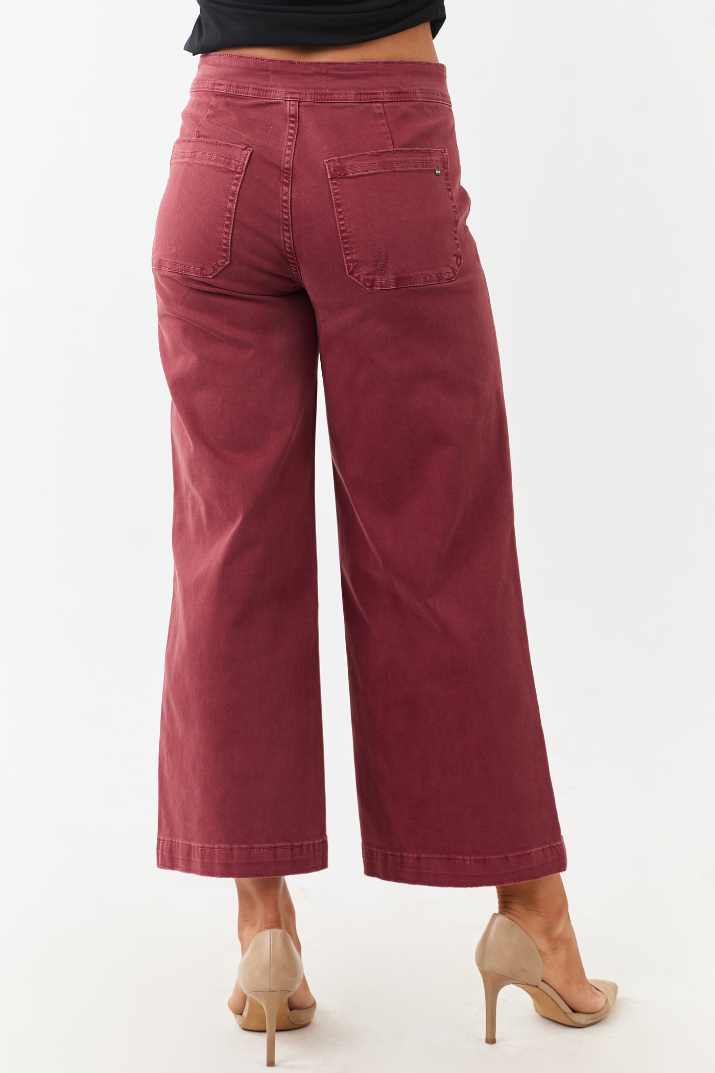 Mica Denim Faded Maroon Stretchy Wide Leg Crop Jeans