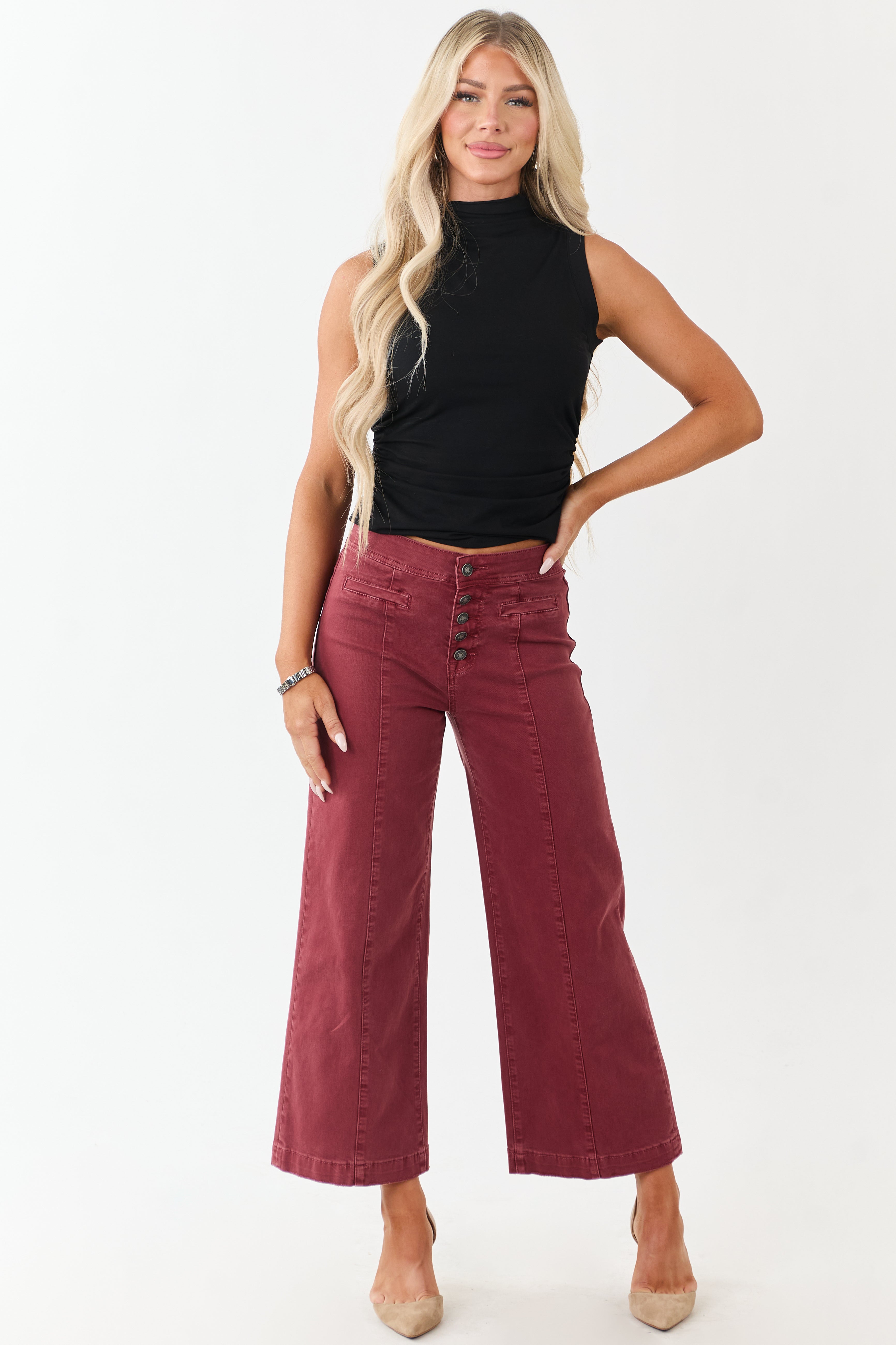 Mica Denim Faded Maroon Stretchy Wide Leg Crop Jeans